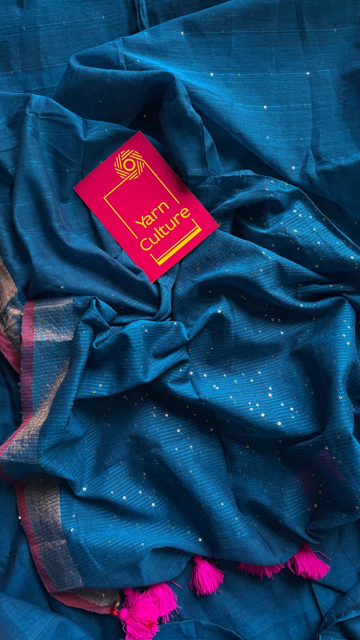 Peacock blue mul cotton saree with sequins and zari border - YCBCMCSE31
