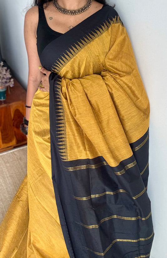 Yellow with black temple border - cotton silk - YCCOTNOCKCS1