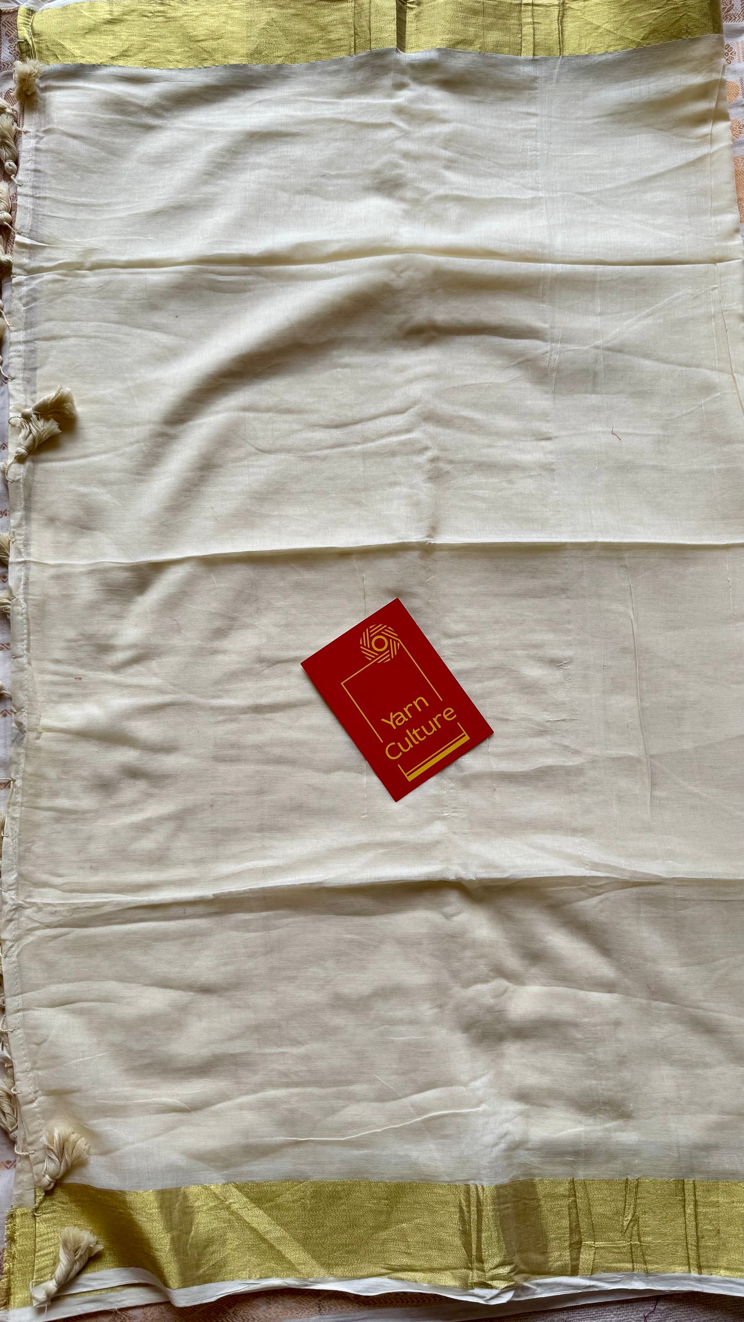 Ivory mul saree, gold border - YCIEON32