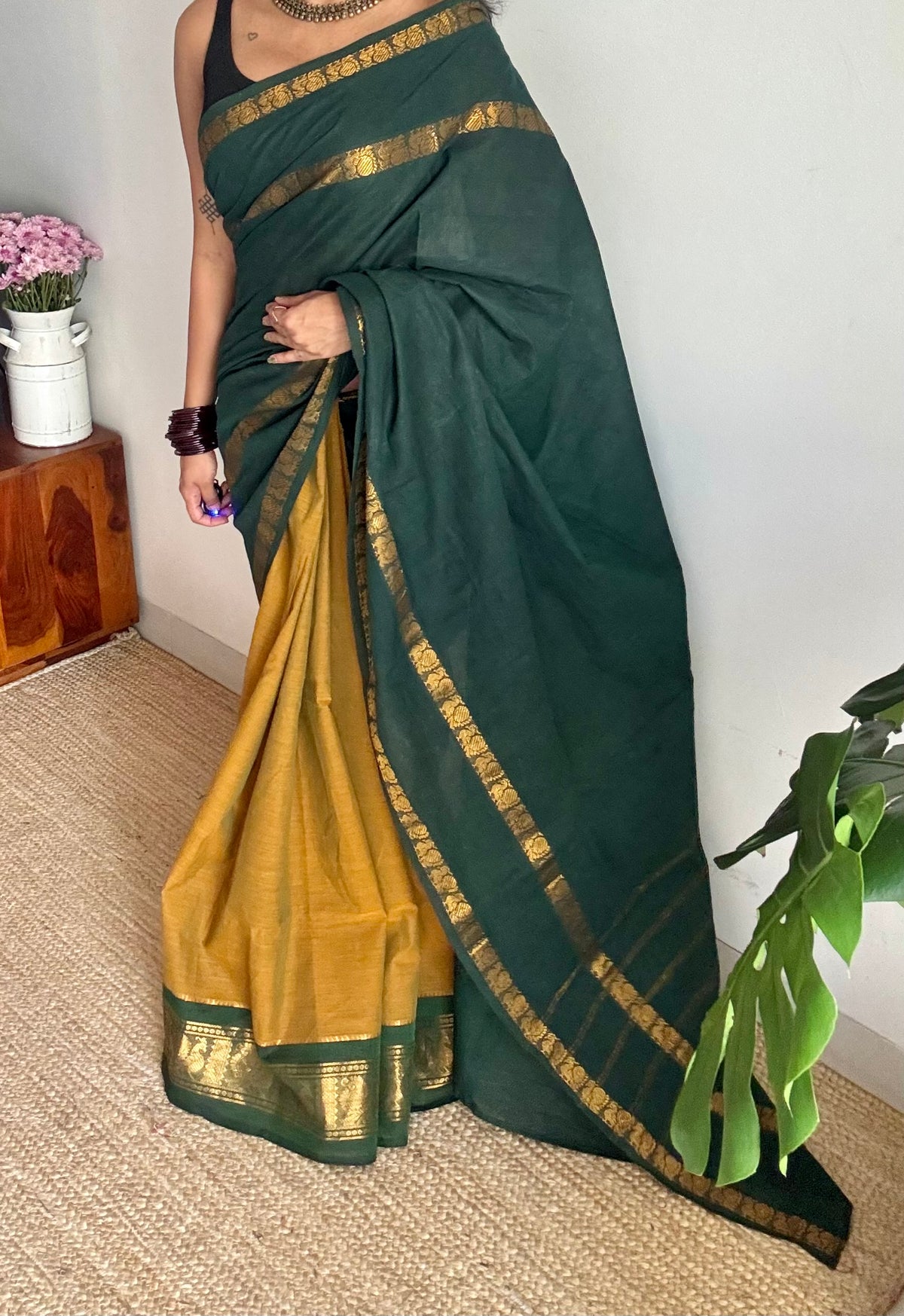 Dark green with ginger green, sungudi and chettinad cotton half and half saree - YCCOTNIDOC135