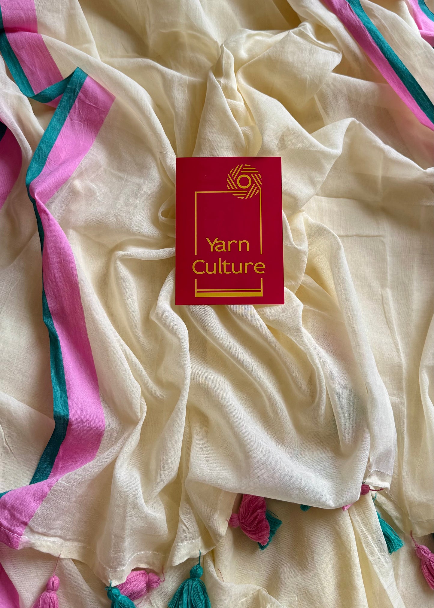 Ivory mul saree, pink and dark cyan border - YCIEON09