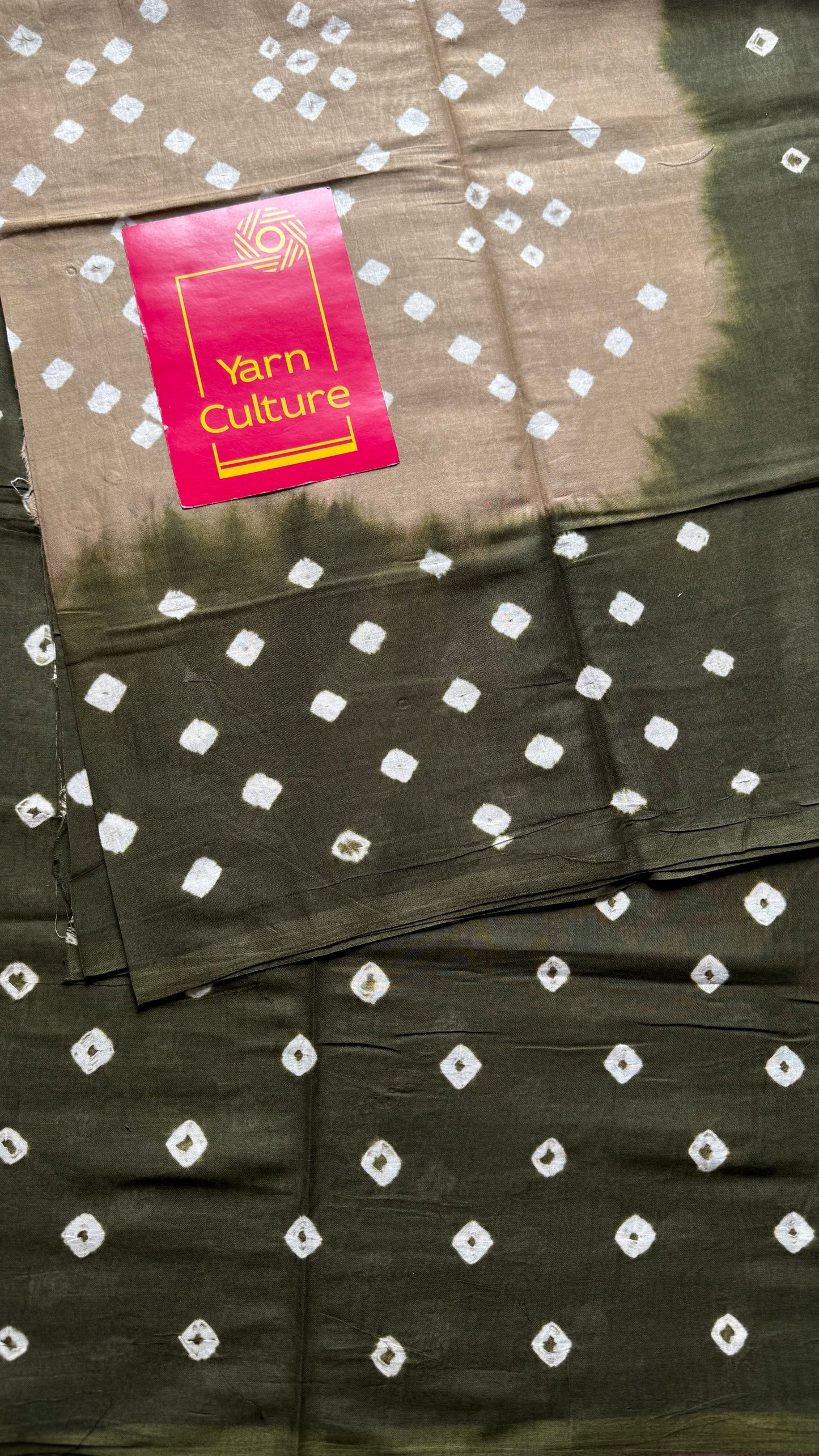 Light brown with dark green Sungudi/Bandhani, soft cotton - YCCOTNSEMS80