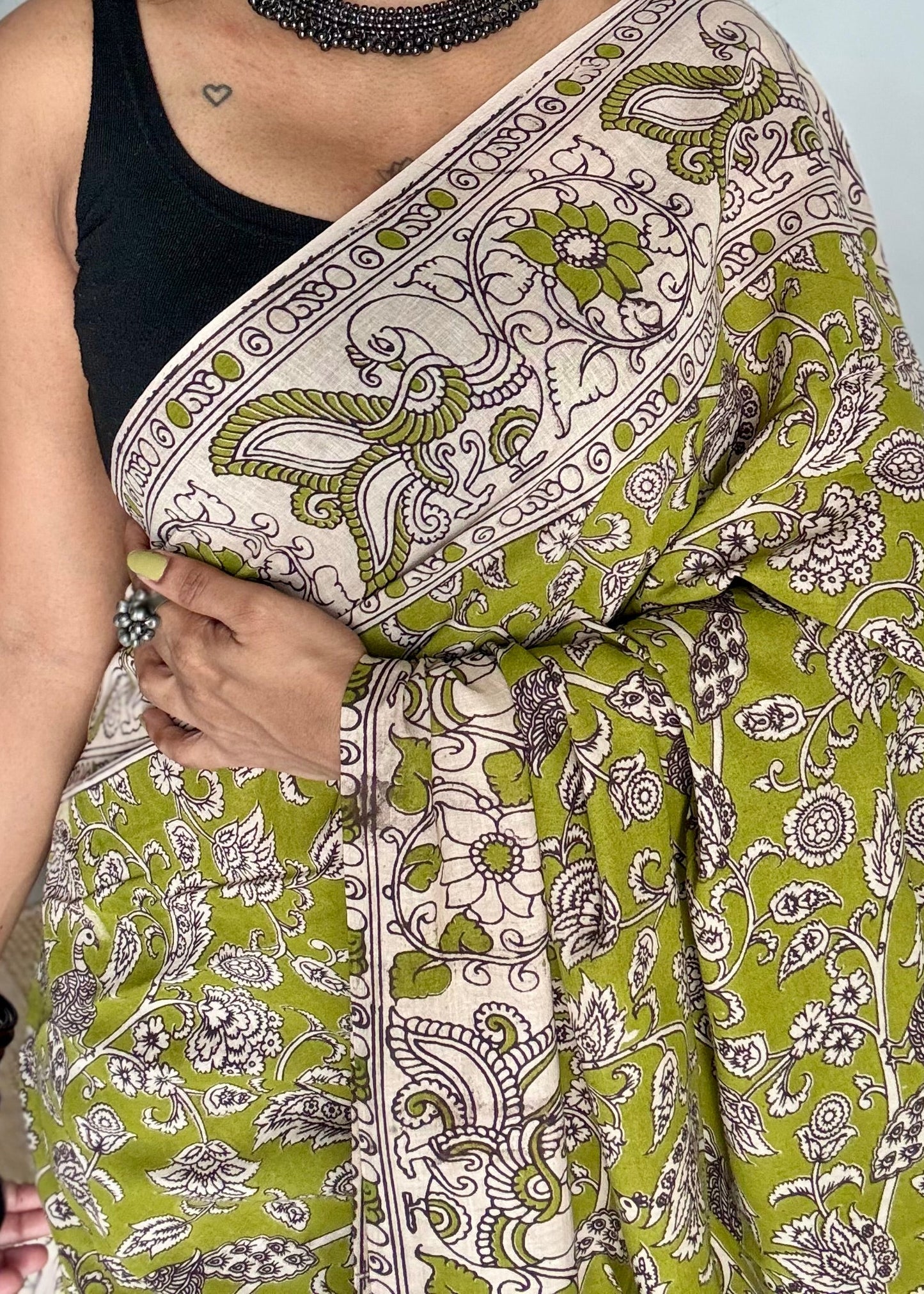 Light green kalamkari saree, floral vines, soft cotton - YCWOTDMA345