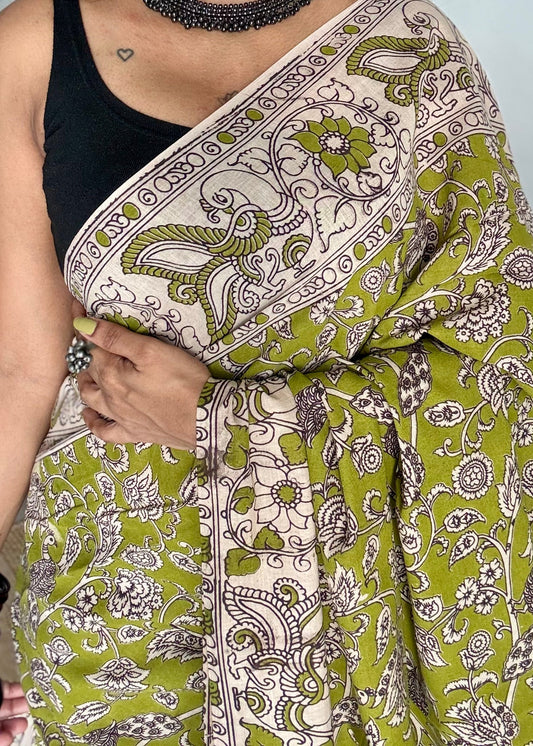 Light green kalamkari saree, floral vines, soft cotton - YCWOTDMA345