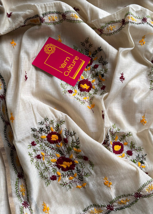 Ivory maheshwari cotton silk blend with maroon and dark yellow floral kantha threadwork - YCBLJULMK05