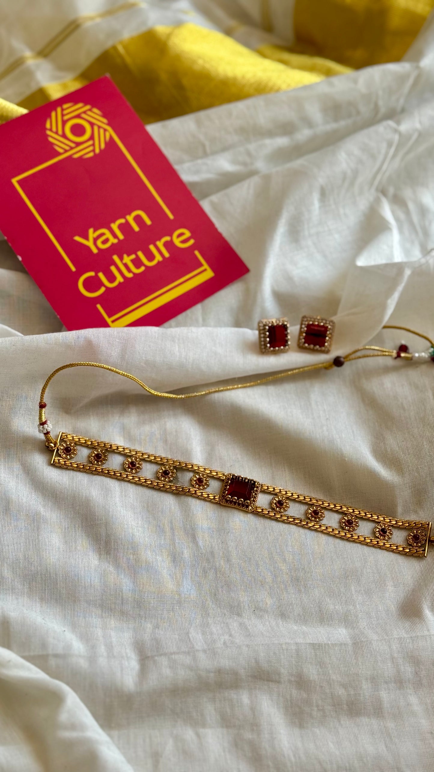 Floral choker neckpiece with red stones, with earrings - YCGPNP672