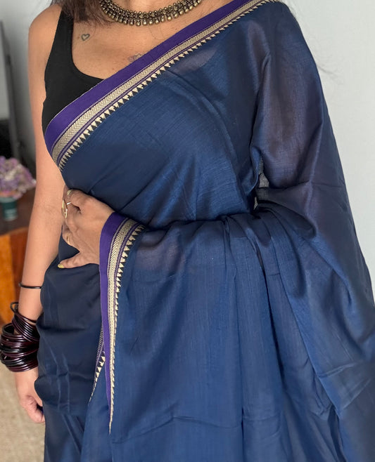 Navy blue with purple border narayanpet saree, soft cotton - YCWOTDNPFE35