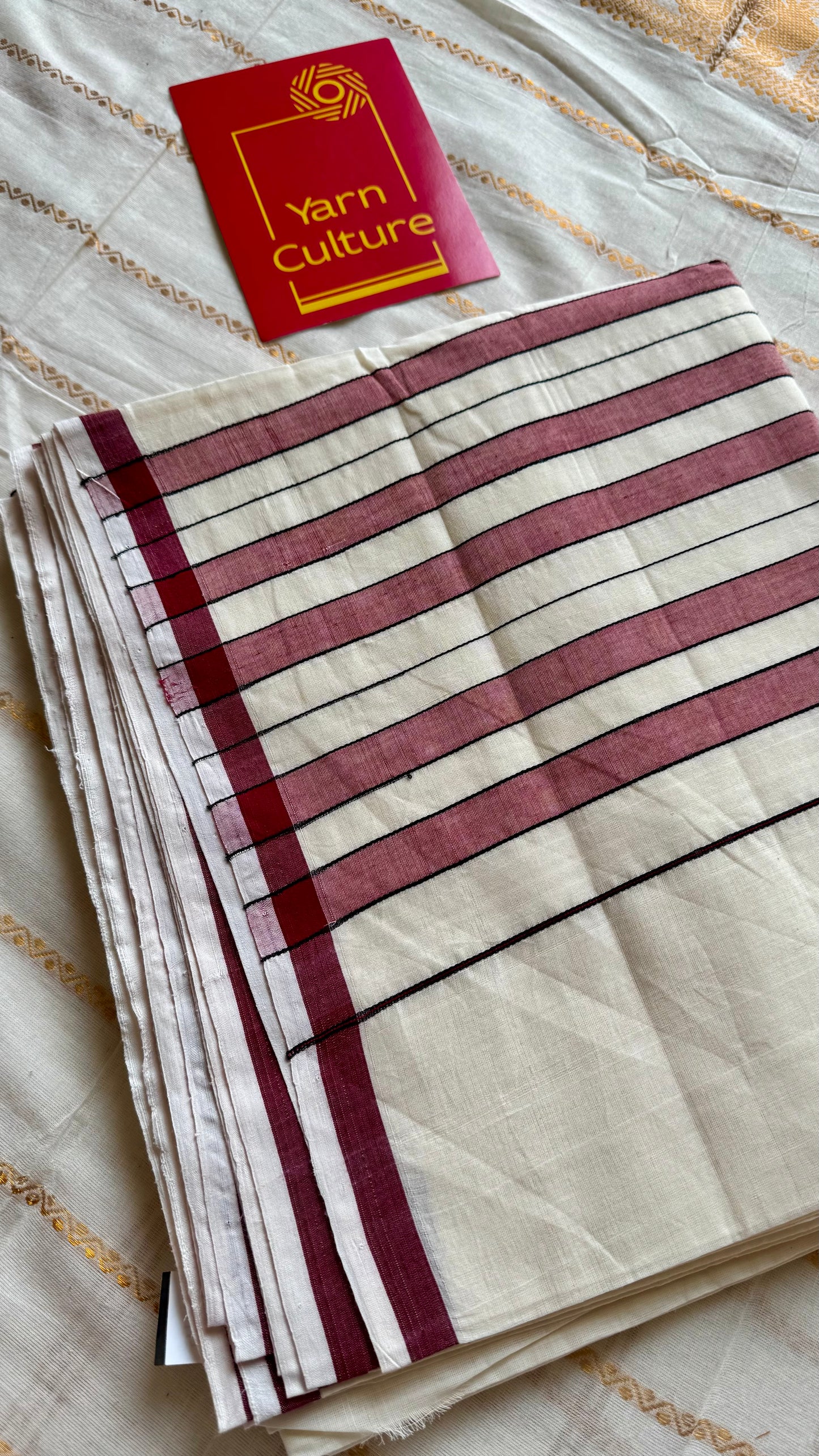 Handloom, woven in Chendamangalam Looms, ivory with maroon border, soft cotton saree - YCIEON151