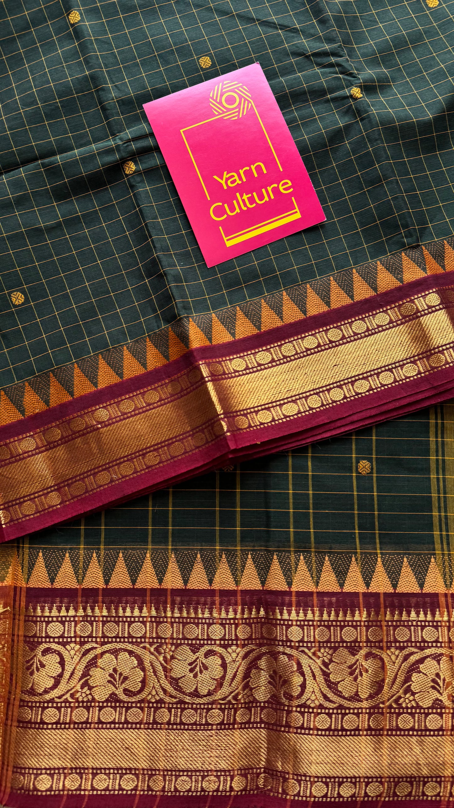 Dark green Kanchi cotton saree with checks, woven buttas and red zari border - YCCOTNCCFE161