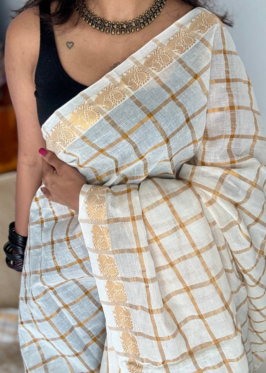 Ivory and gold, pavithra kattam checks, madurai soft cotton - YCCOTNAUS50