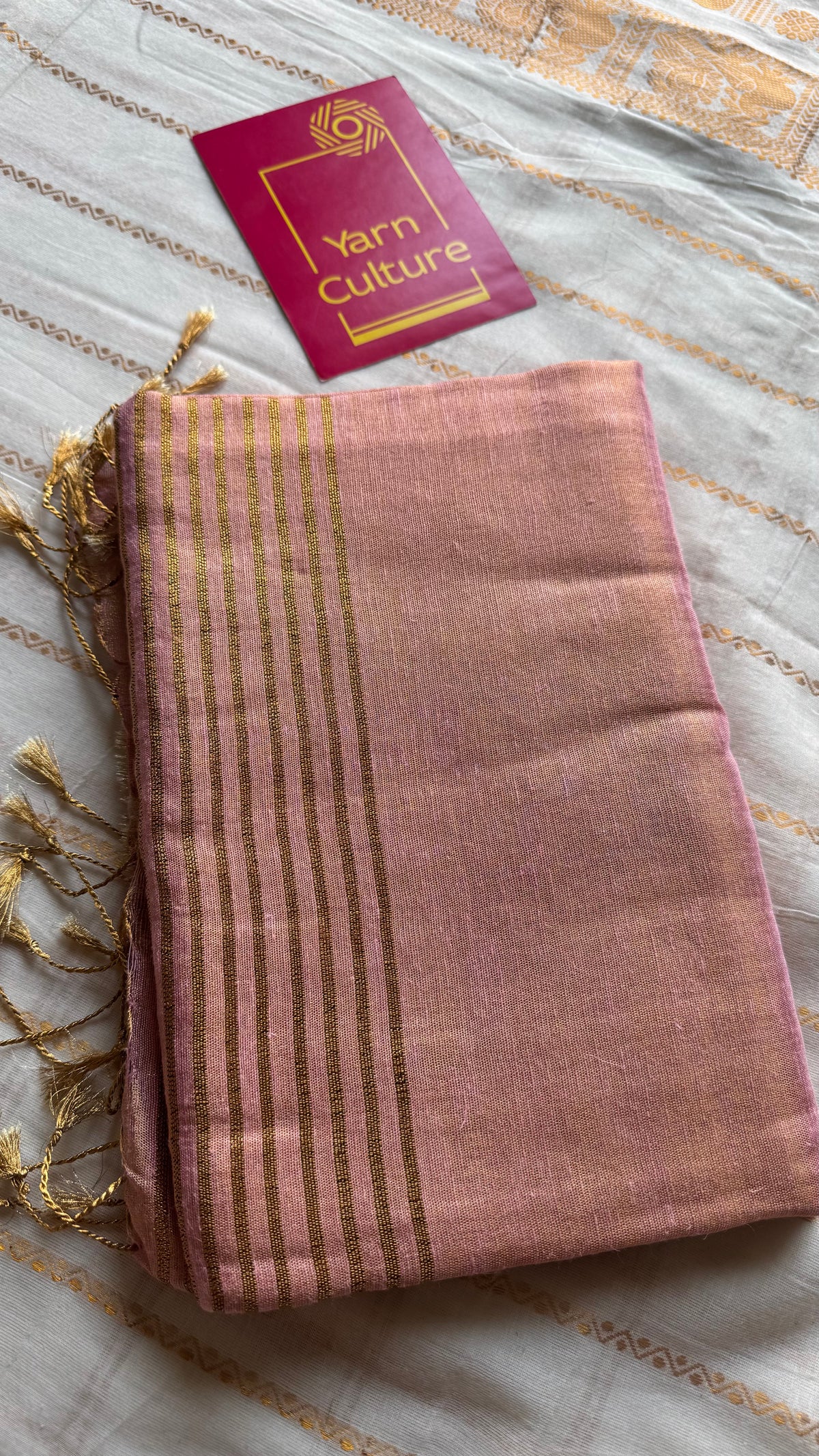 Baby pink with gold, dual tone metallic tissue linen saree - YCBCLTOC53