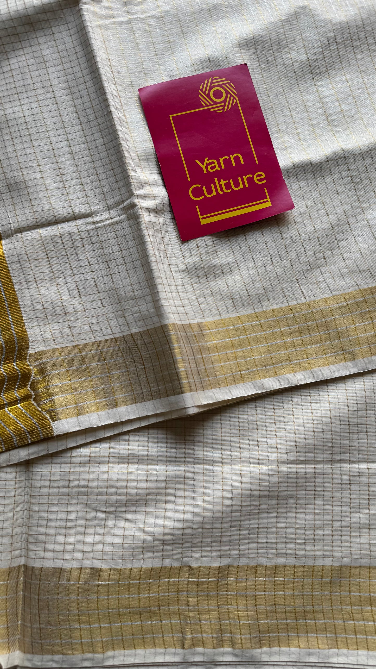 Ivory Kerala tissue cotton saree with silver and gold checks - YCIEKCFE308