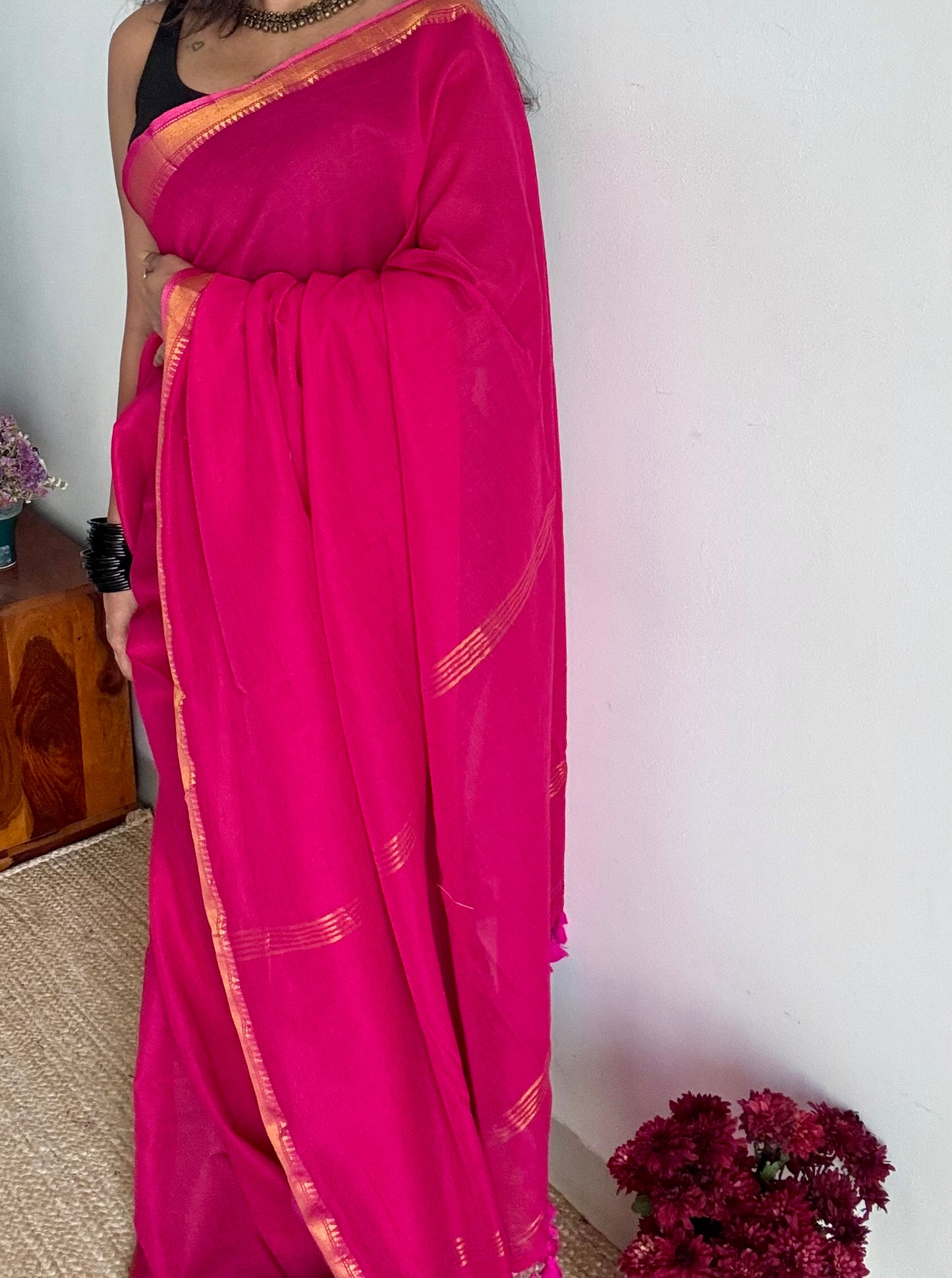 Hot pink soft cotton with maheswari gold zari border - YCBCMCFE217