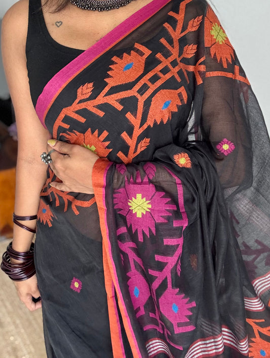 Black with pink and orange jamdani saree in mul cotton - YCBCJDFE382