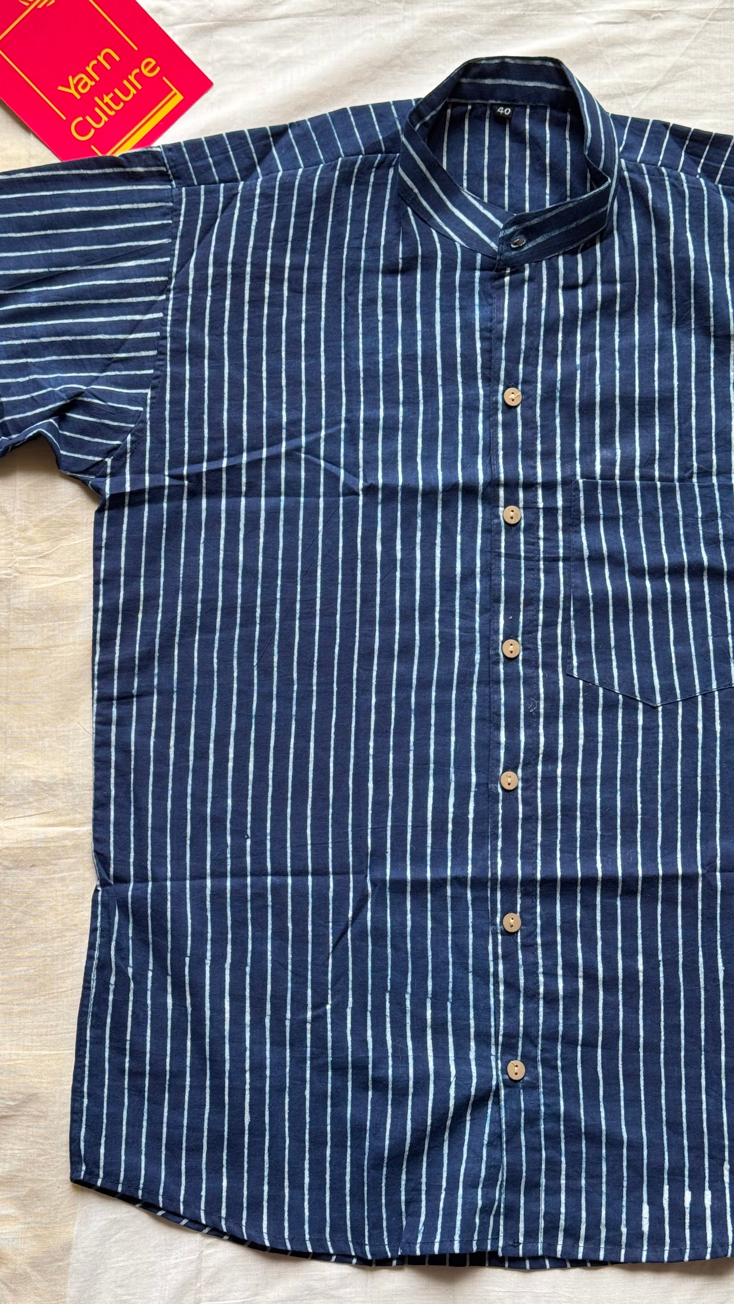 Indigo Striped Block Printed Cotton Men's Half Sleeve Mandarin Collar Kurta Shirt - YCMSEIE186