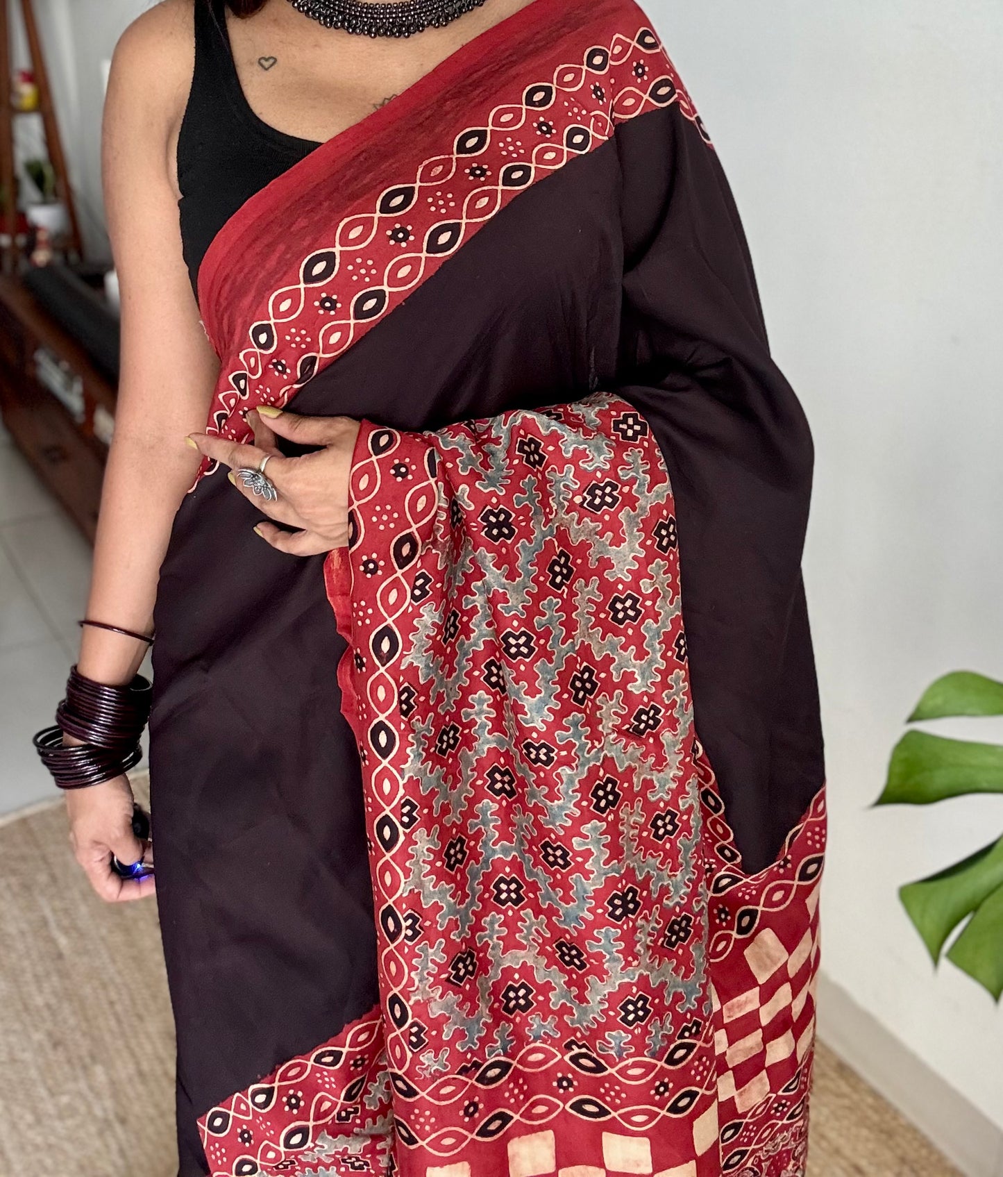 Black and red chanderi saree with ajrakh handblock print - YCTOKAJC343