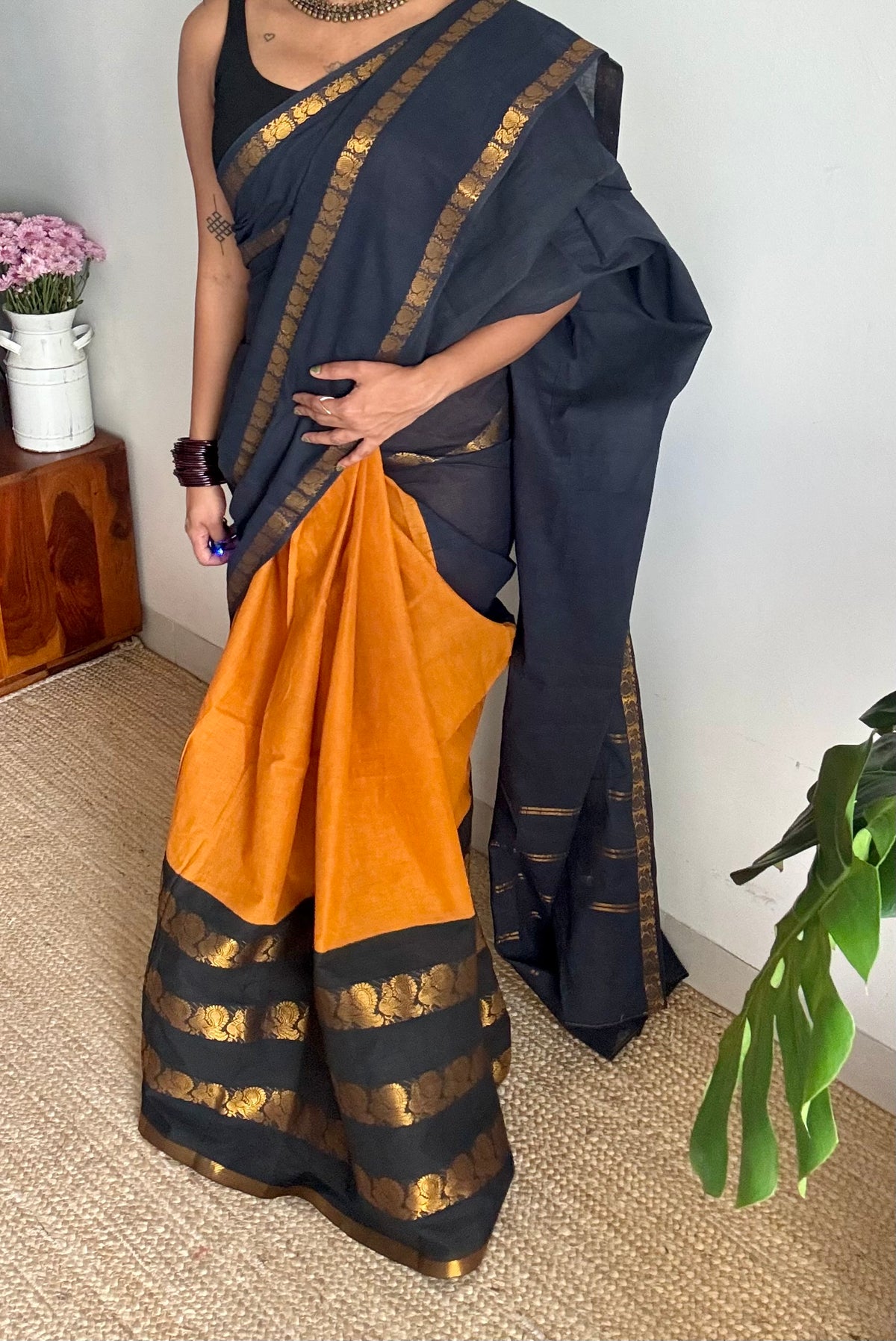Black with turmeric yellow, cotton half and half saree - YCCOTNIDOC139