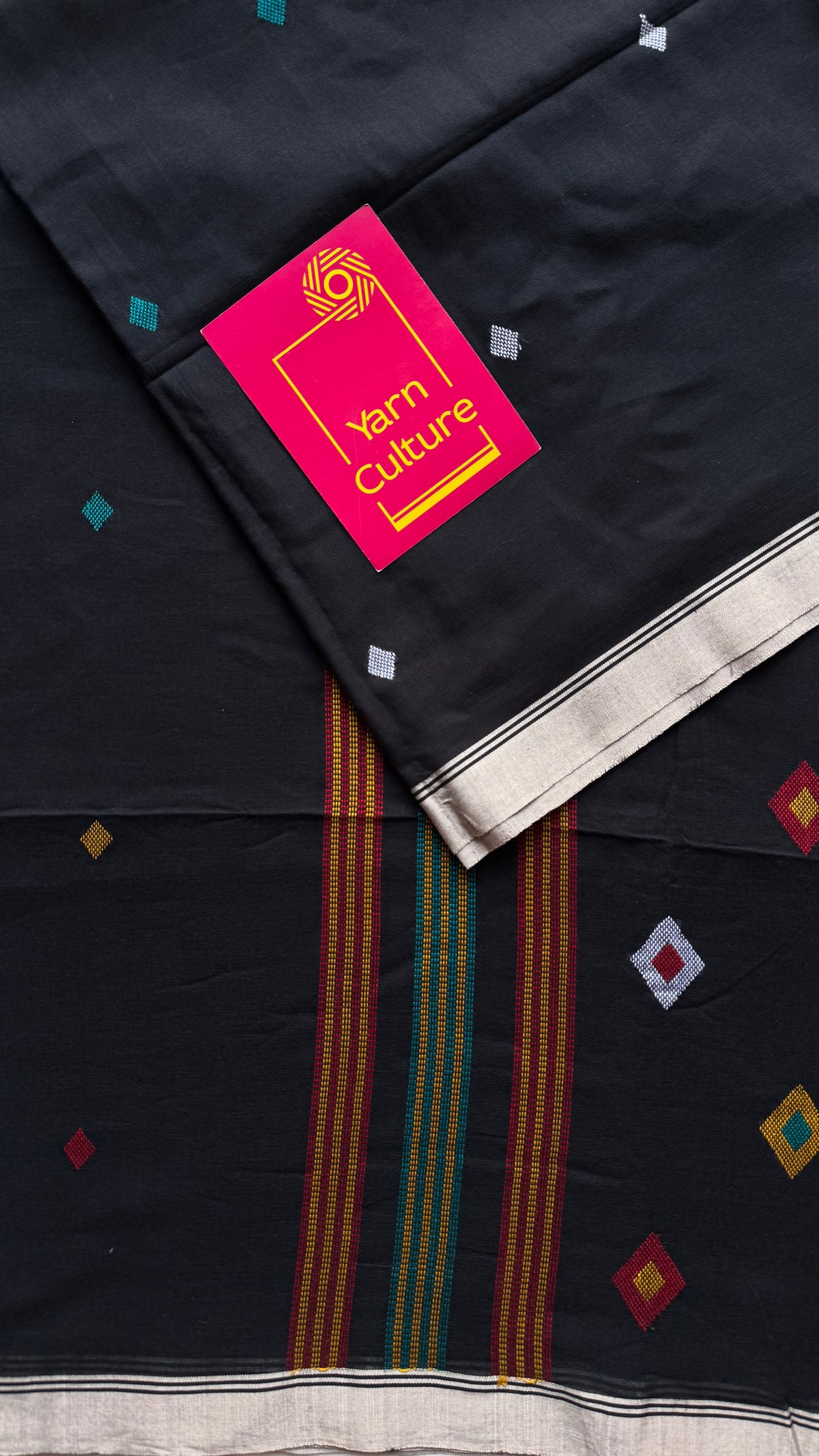 Handloom Bengal soft cotton saree, black with woven buttas and beige borders - YCBCMCSE37