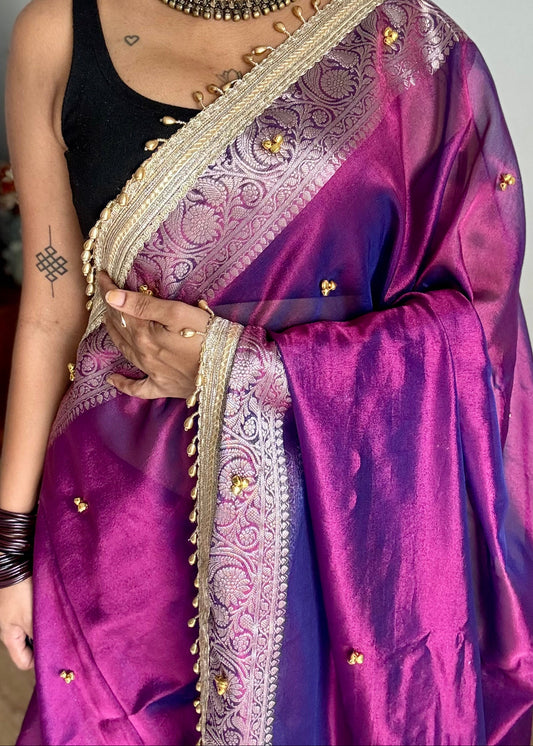 Purple gold tissue Banarasi saree with ghungroo embellishments and beaded lace border - YCBLTOC67