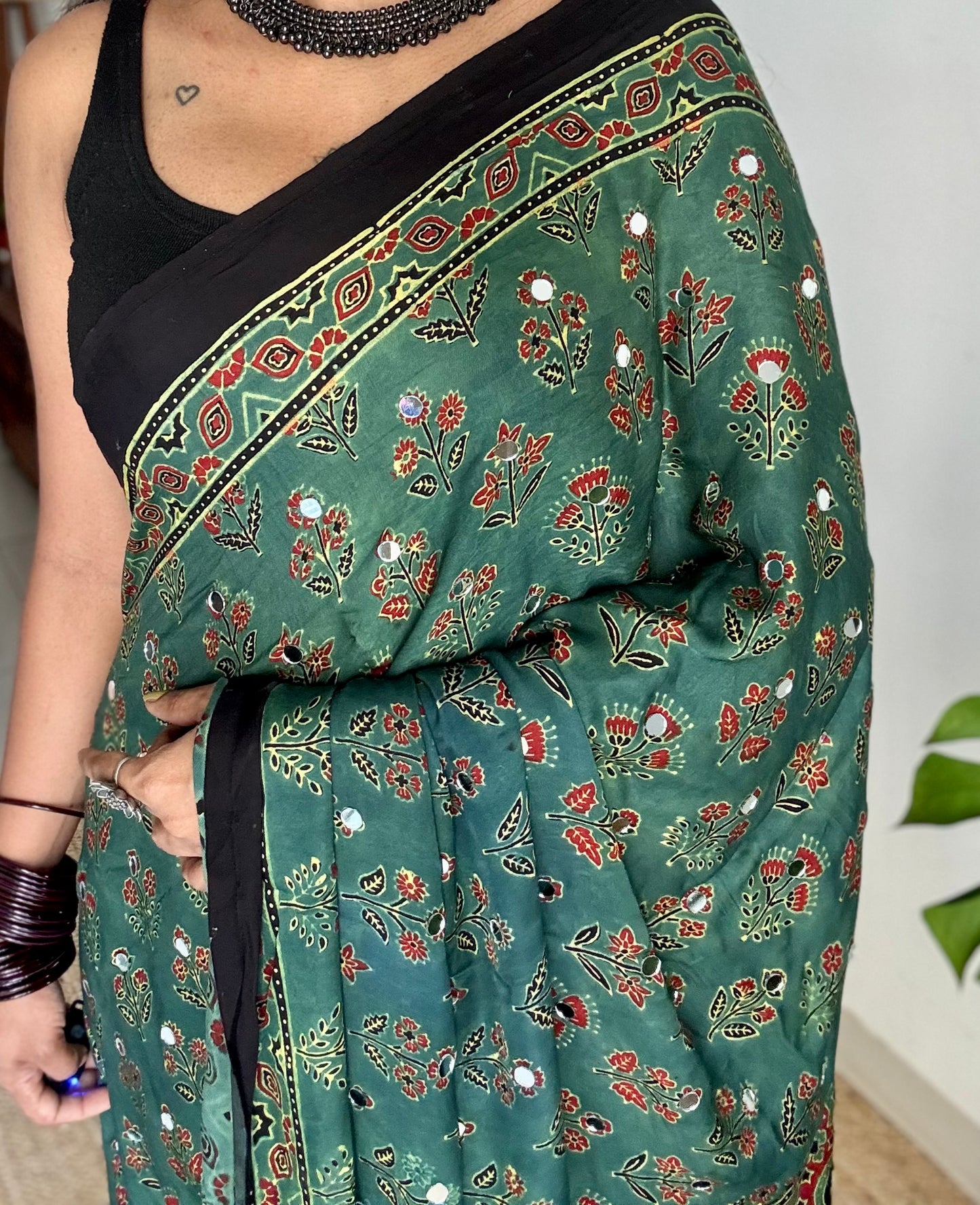 Jade green pure modal silk saree with ajrakh handblock print and mirror work - YCTOKAJM340