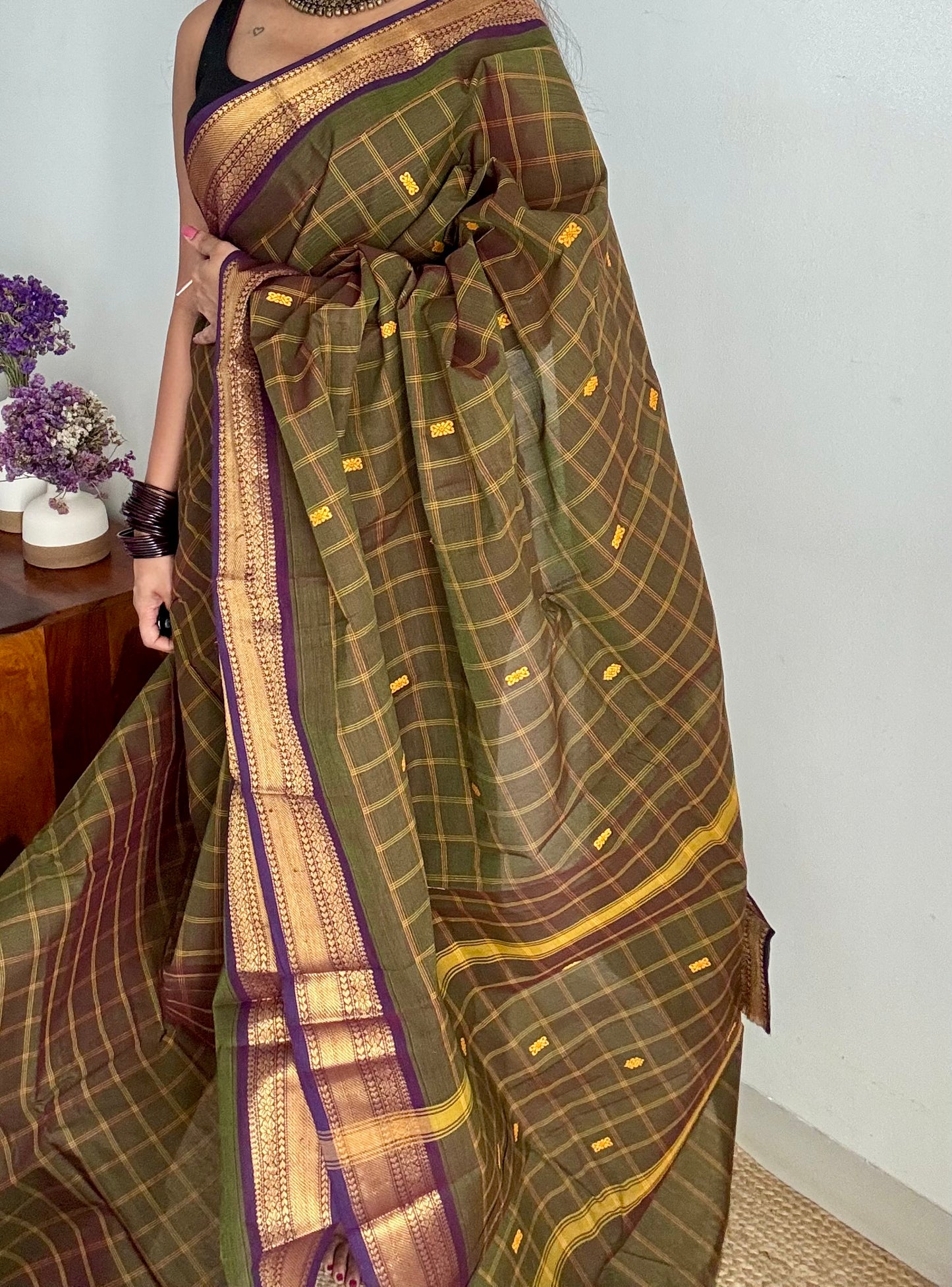 Dark green and purple contrast, checkered Chettinad cotton saree - YCCOTNMA265
