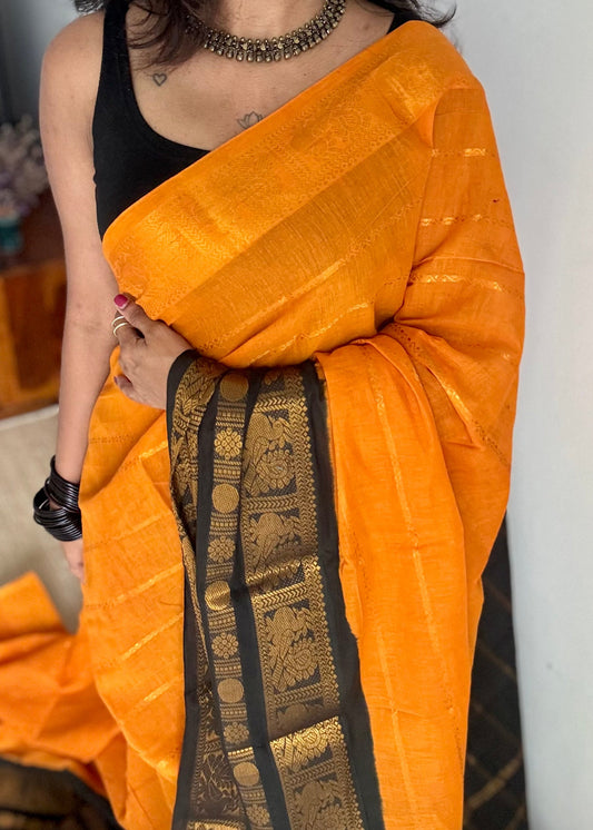 Turmeric yellow (towards orange) with black, peacock rudraksham motif, single side broad zari - madurai kattuchayam dyed - YCCOTNAURS16