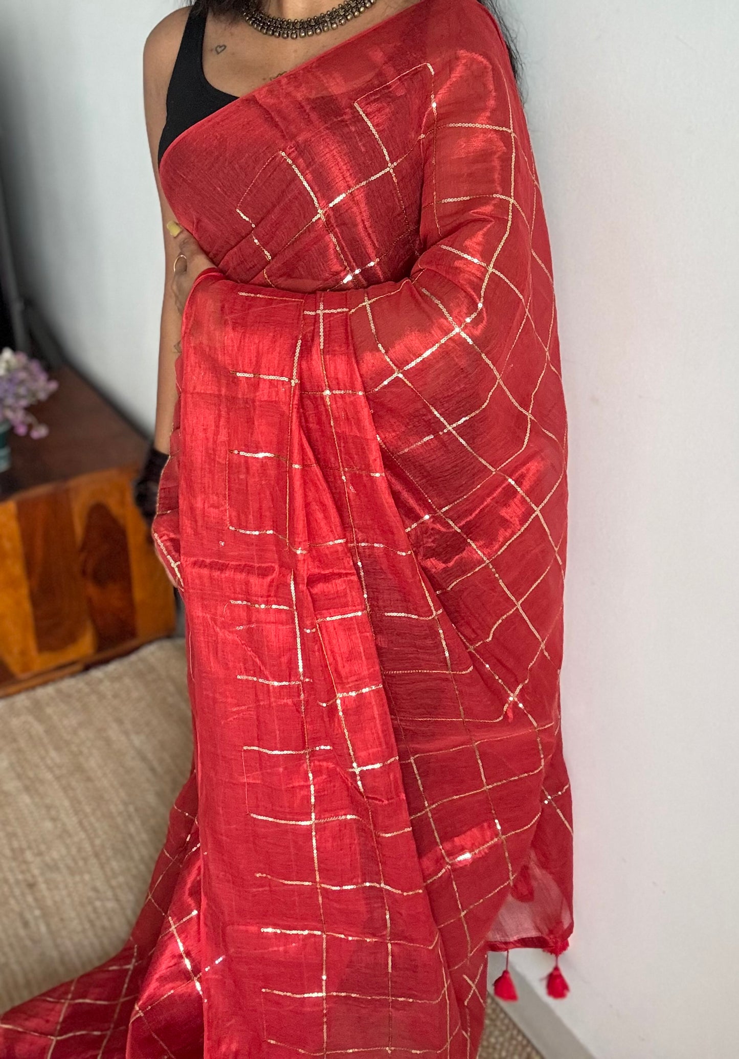 Red, checkered sequins work, mul tissue - YCBCMCJA07