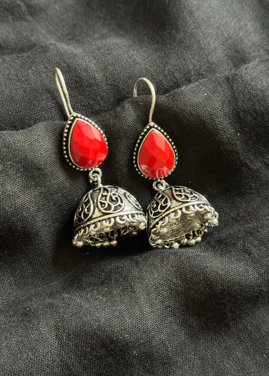 Oxidised silver hook earrings, red stone - YCOSED249