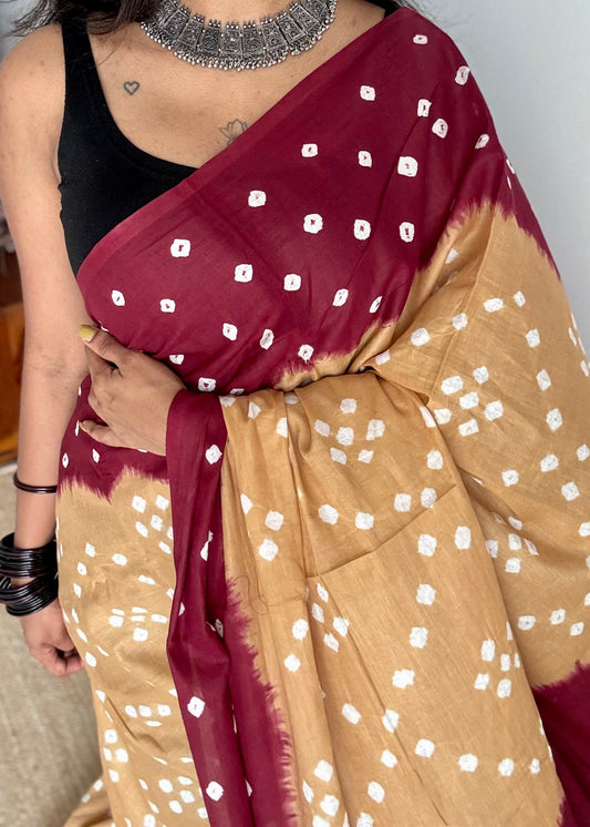 Beige with maroon Sungudi/Bandhani, soft cotton - YCCOTNSEMS78
