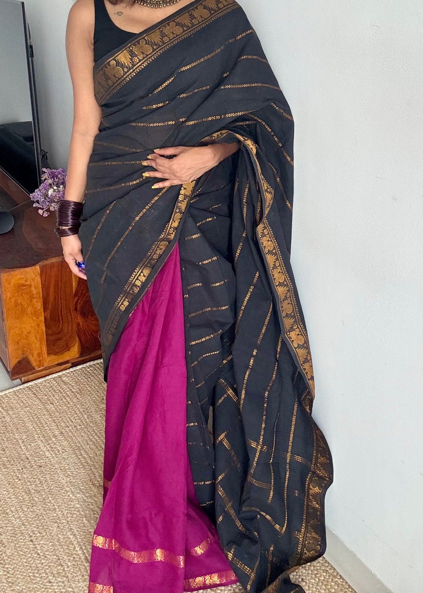 Black with purple pink (vadamalli), sungudi cotton half-half saree - YCCOTNMSFE358