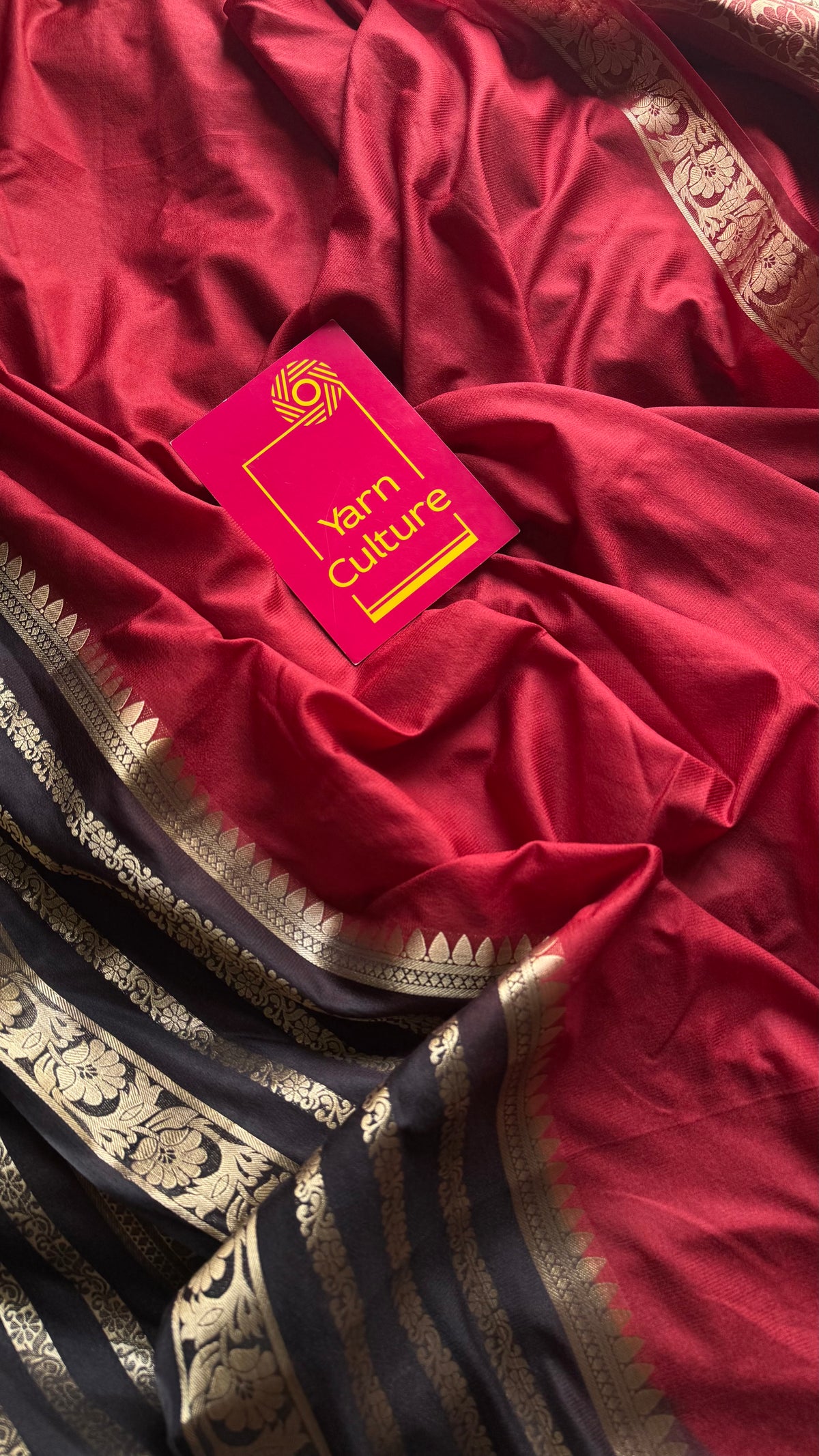 Maroon and black, semi crepe silk saree with antique gold border - YCLOKOC50