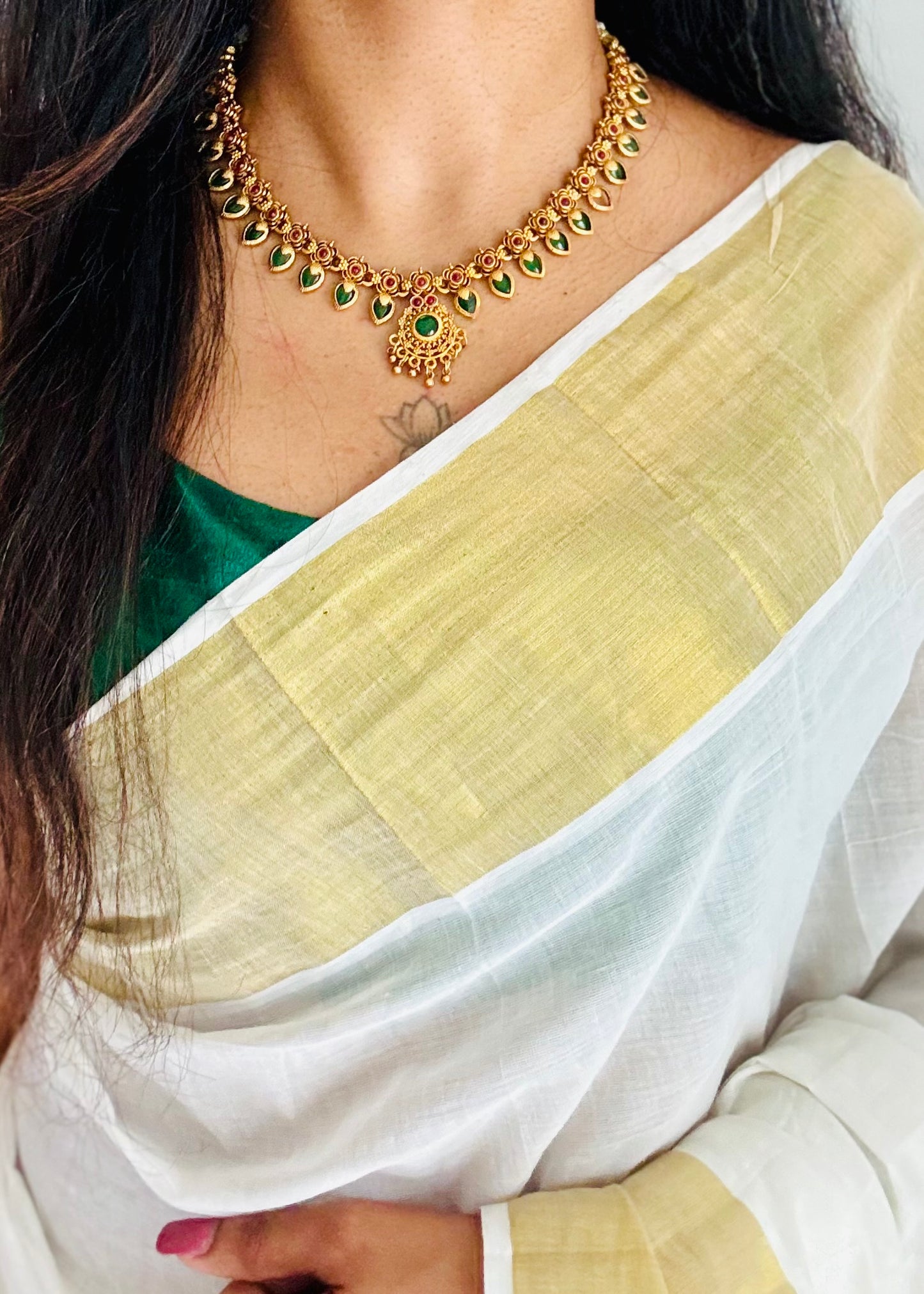 Ruby green palakka necklace with earrings, variant 2 - YCGPNP769