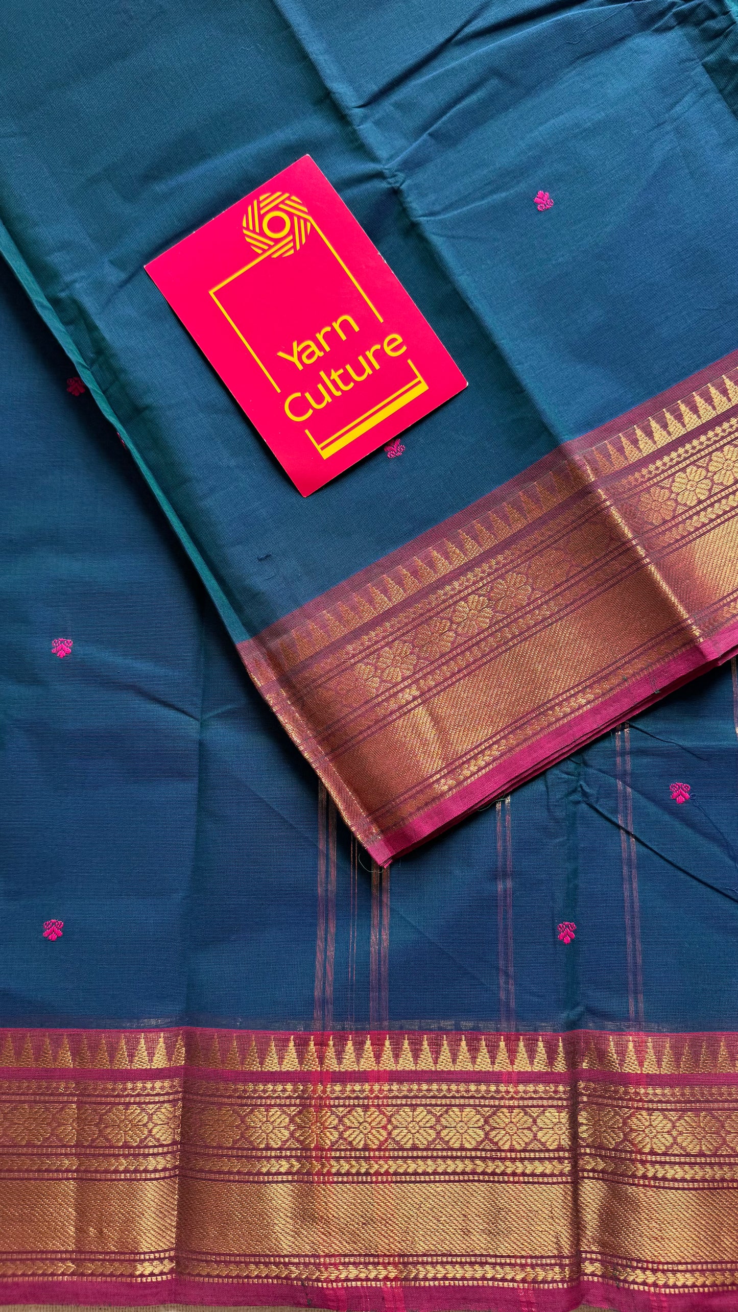 Kanchi cotton saree, peacock blue with dark pink border - YCCOTNAP86