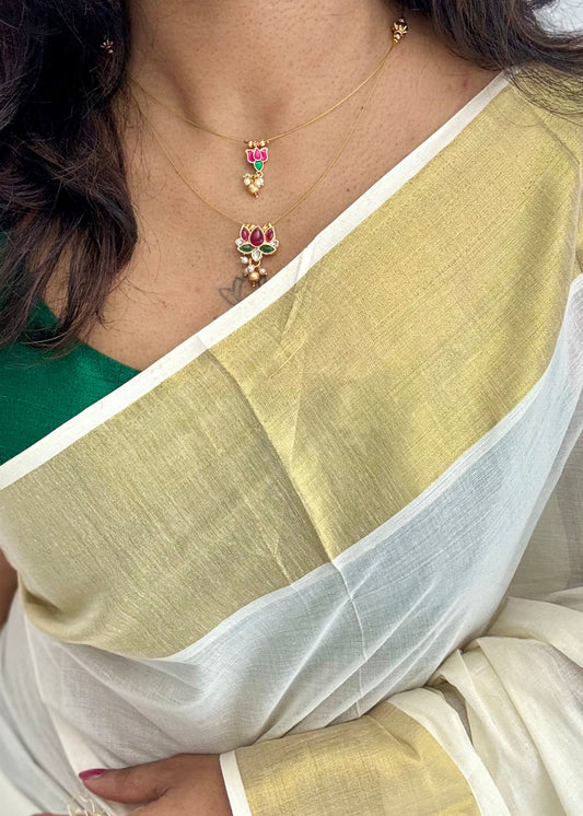 Pink lotus, jadau kundan necklace in double layer invisible chain - YCAGC64