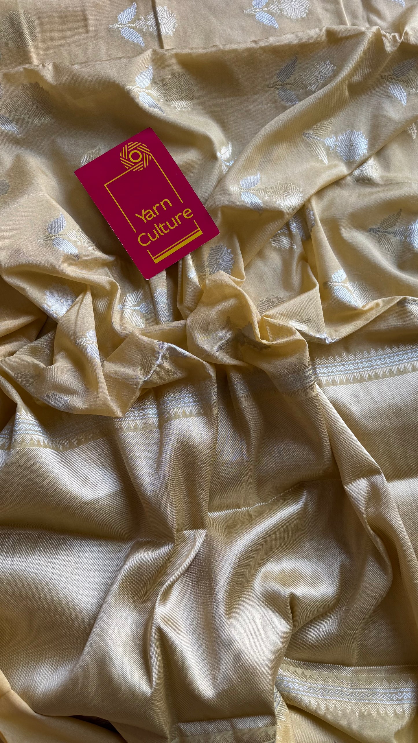Cream with gold and silver floral buttas, Banarasi semi-crepe silk - YCDESE48