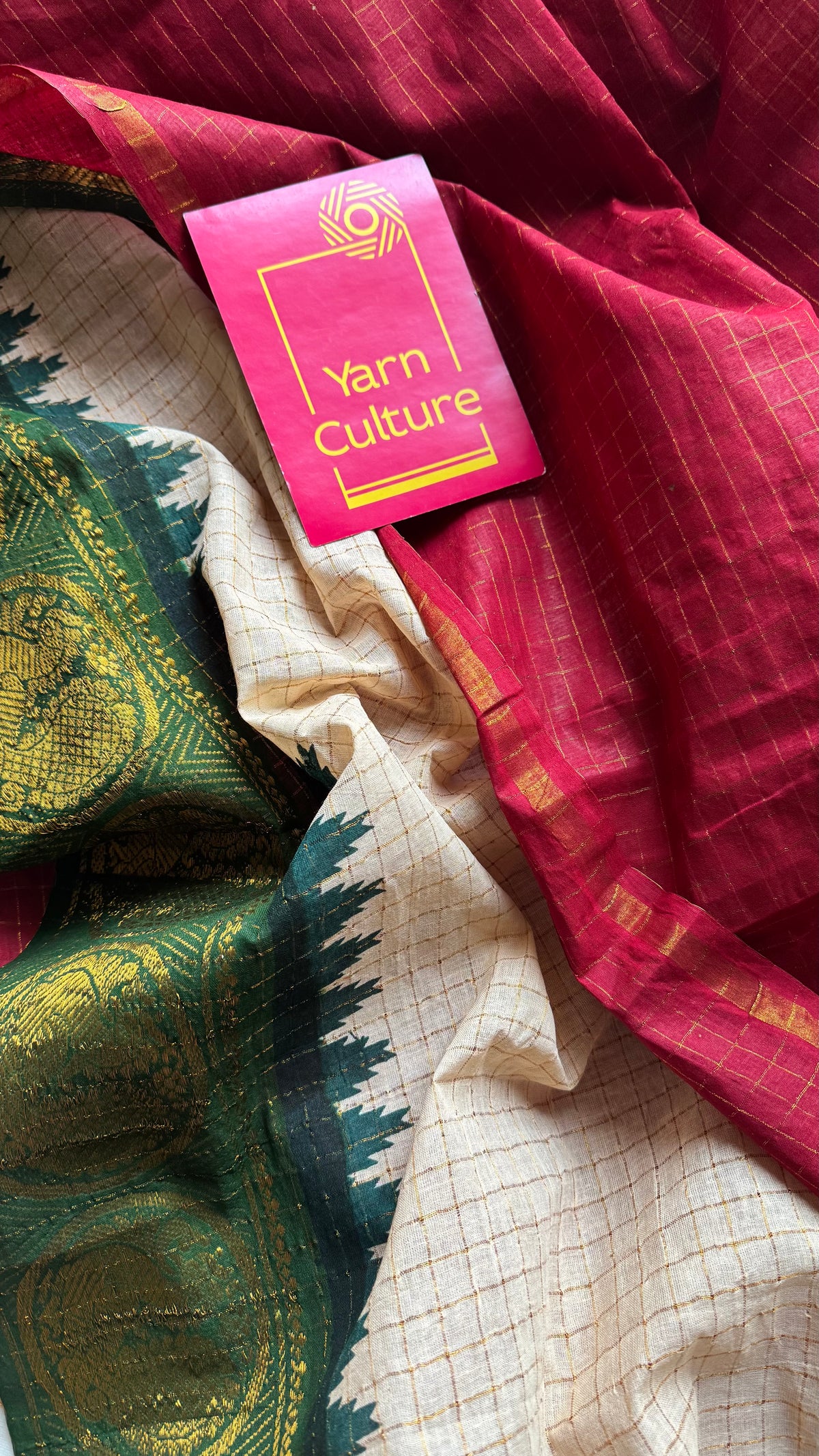 Red with cream and green, sungudi cotton half-half saree - YCCOTNIDOC12