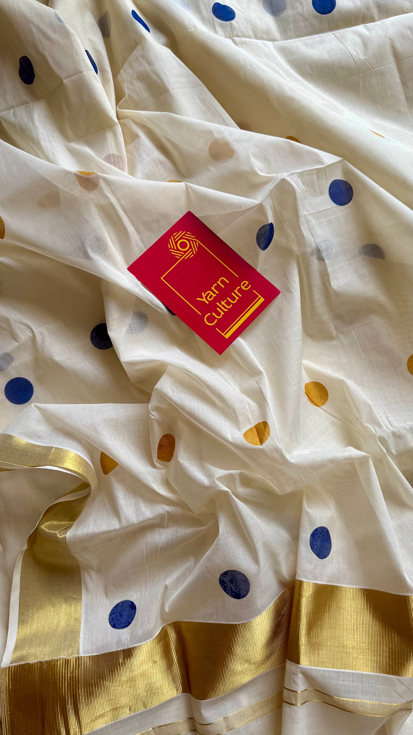 Ivory and gold soft cotton kasavu saree, navy blue and yellow polka - YCIEON73