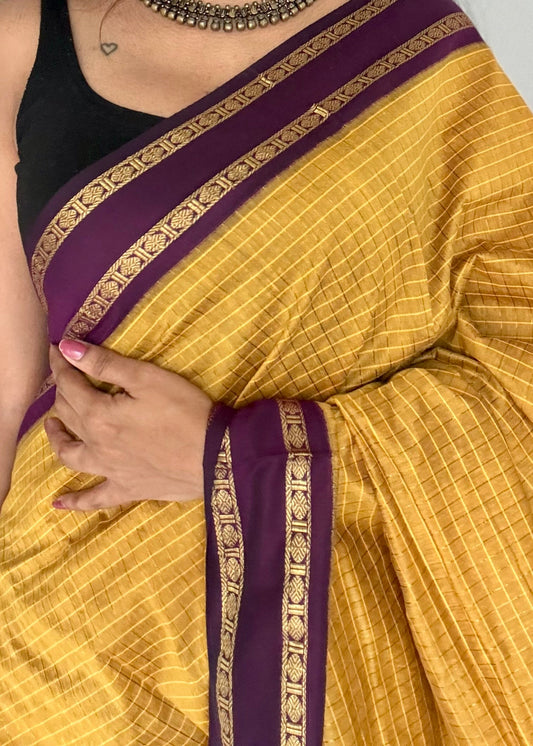 Yellow with wine contrast arani checkered saree, cotton silk - YCCOTNMA278