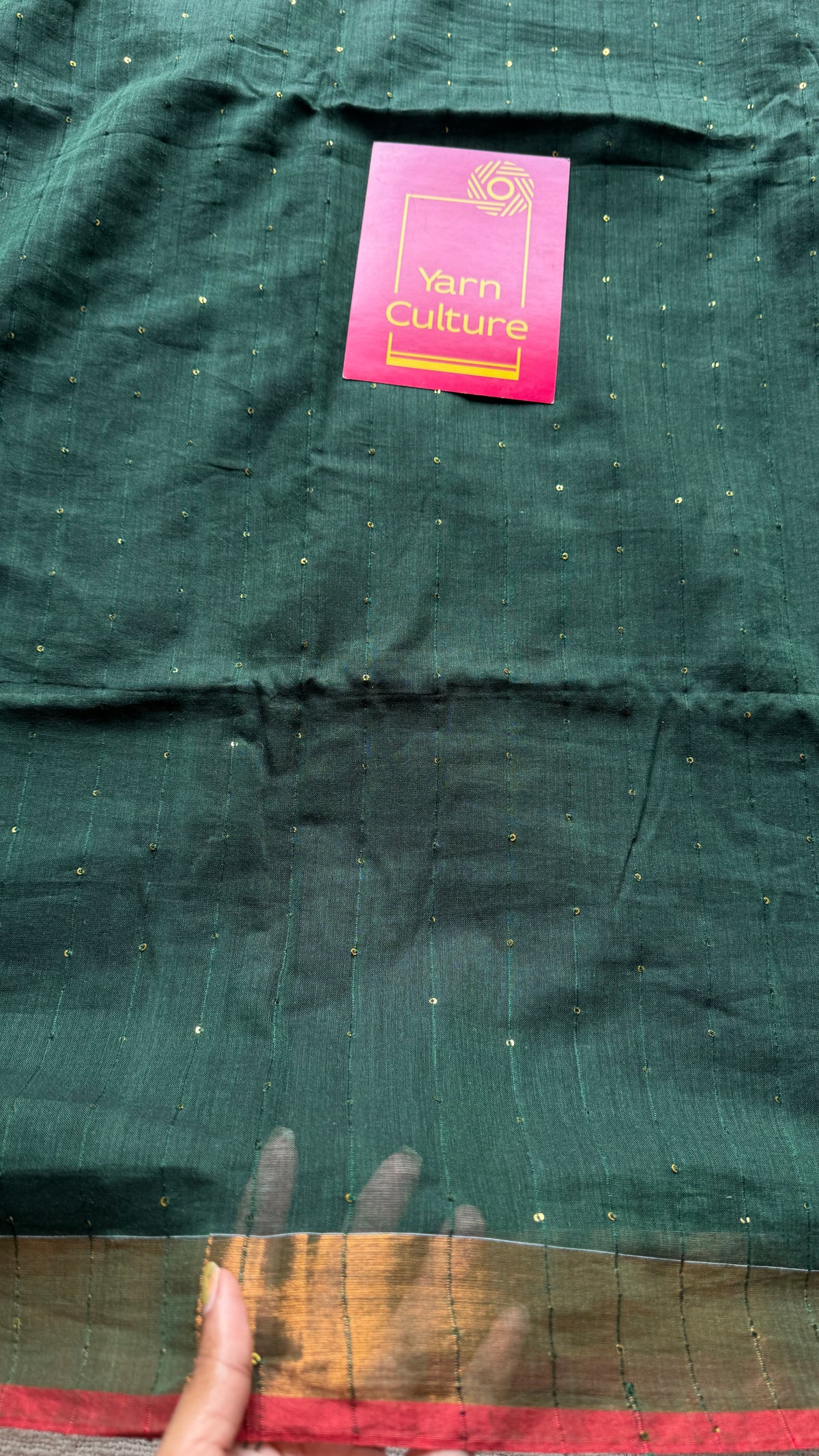 Dark green mul cotton saree with sequins and zari border - YCBCMCSE32