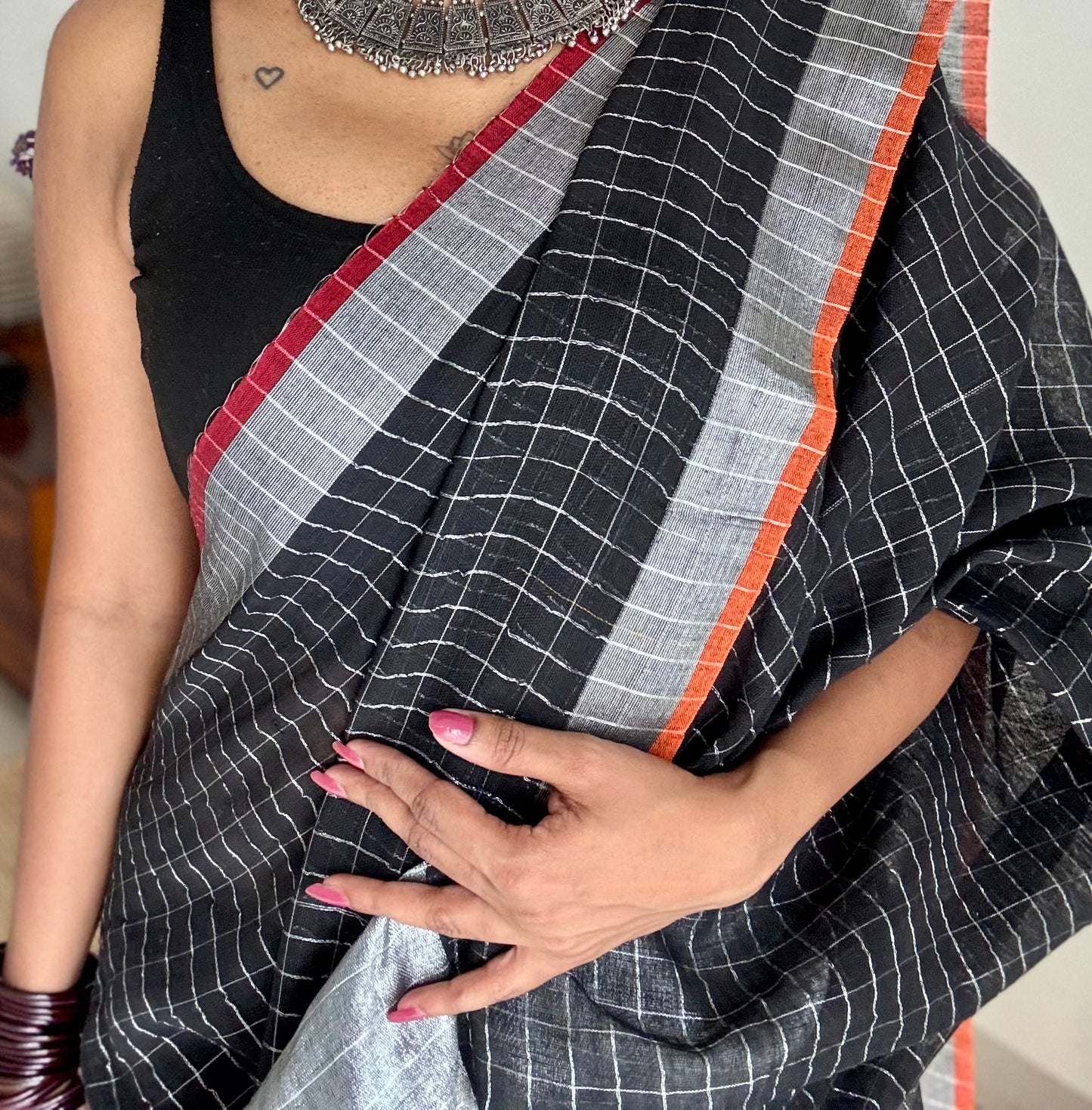 Black linen by cotton saree, silver checks & zari pallu - YCBCLCAP55