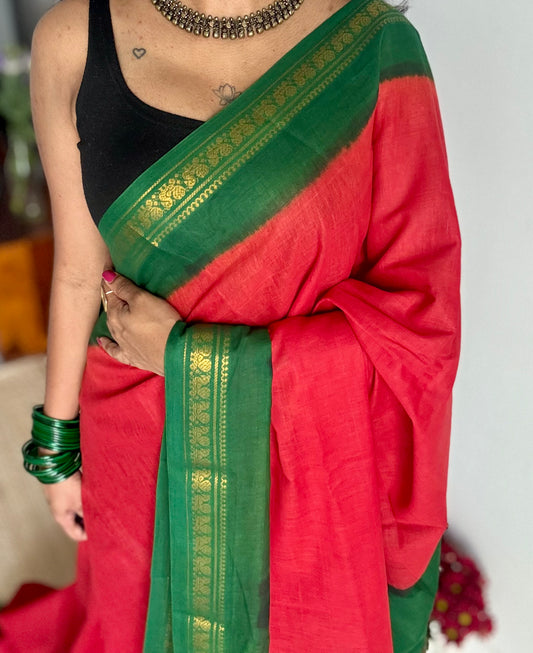 Red with green border sungudi, kattuchayam dyed, madurai cotton - YCCOTNSEMS101