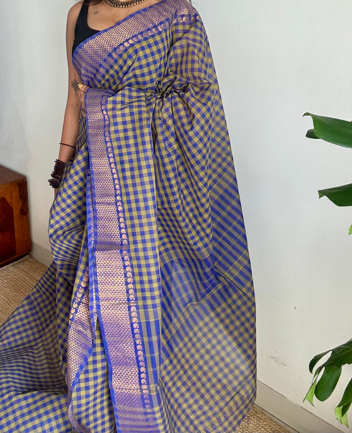 Chettinad cotton saree with green and blue checks, zari motif border - YCCOTNCKSE46