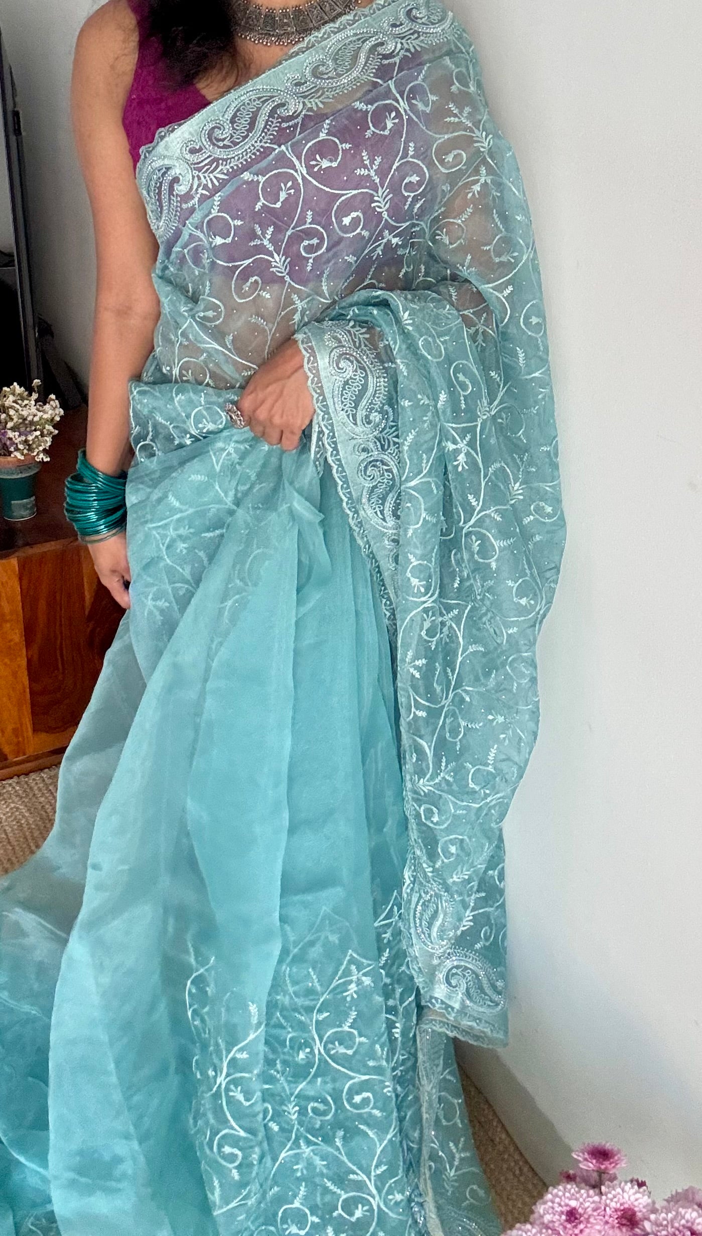 Aqua Aura - soft blue organza, with threadwork and sequins - YCDOSNO33