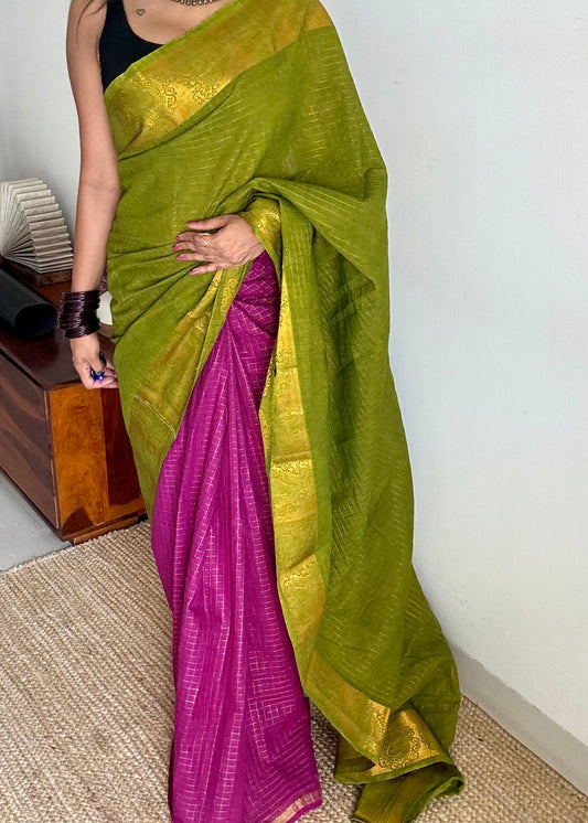 Light green with vadamalli checks, sungudi cotton half-half saree - YCCOTNIDMA287