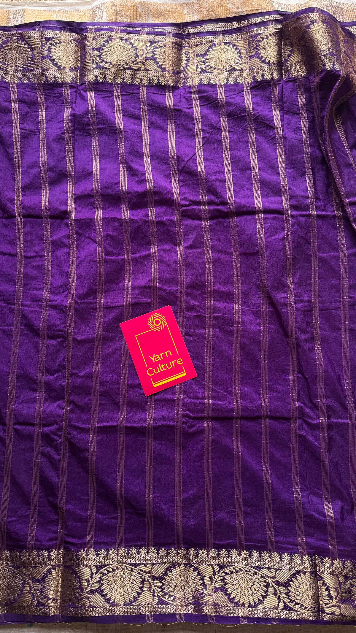 Purple, semi crepe silk saree with antique gold floral border - YCLOKOC59