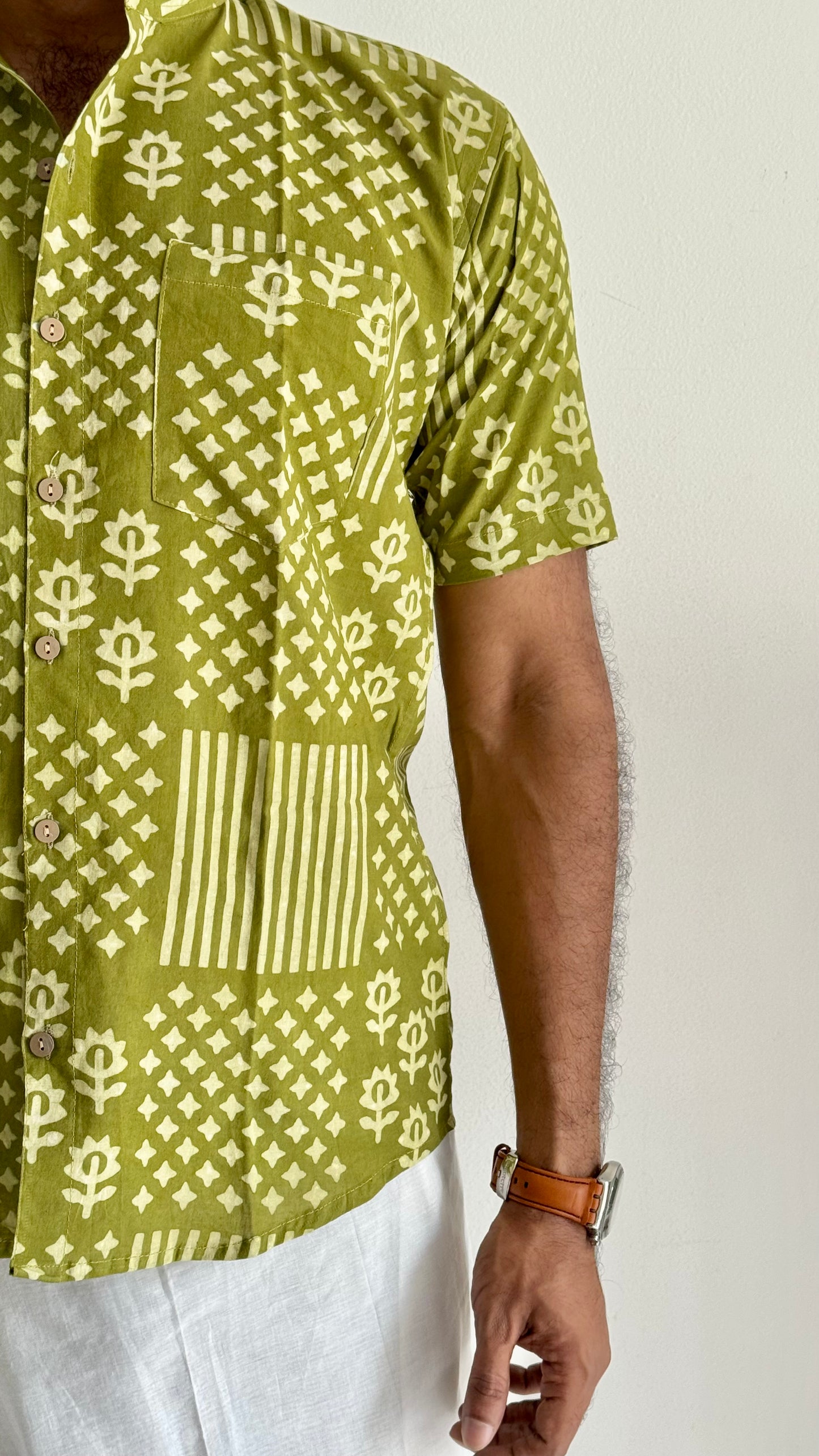 Light Green Motif Block Printed Cotton Men's Half Sleeve Mandarin Collar Kurta Shirt- YCMSEIE191