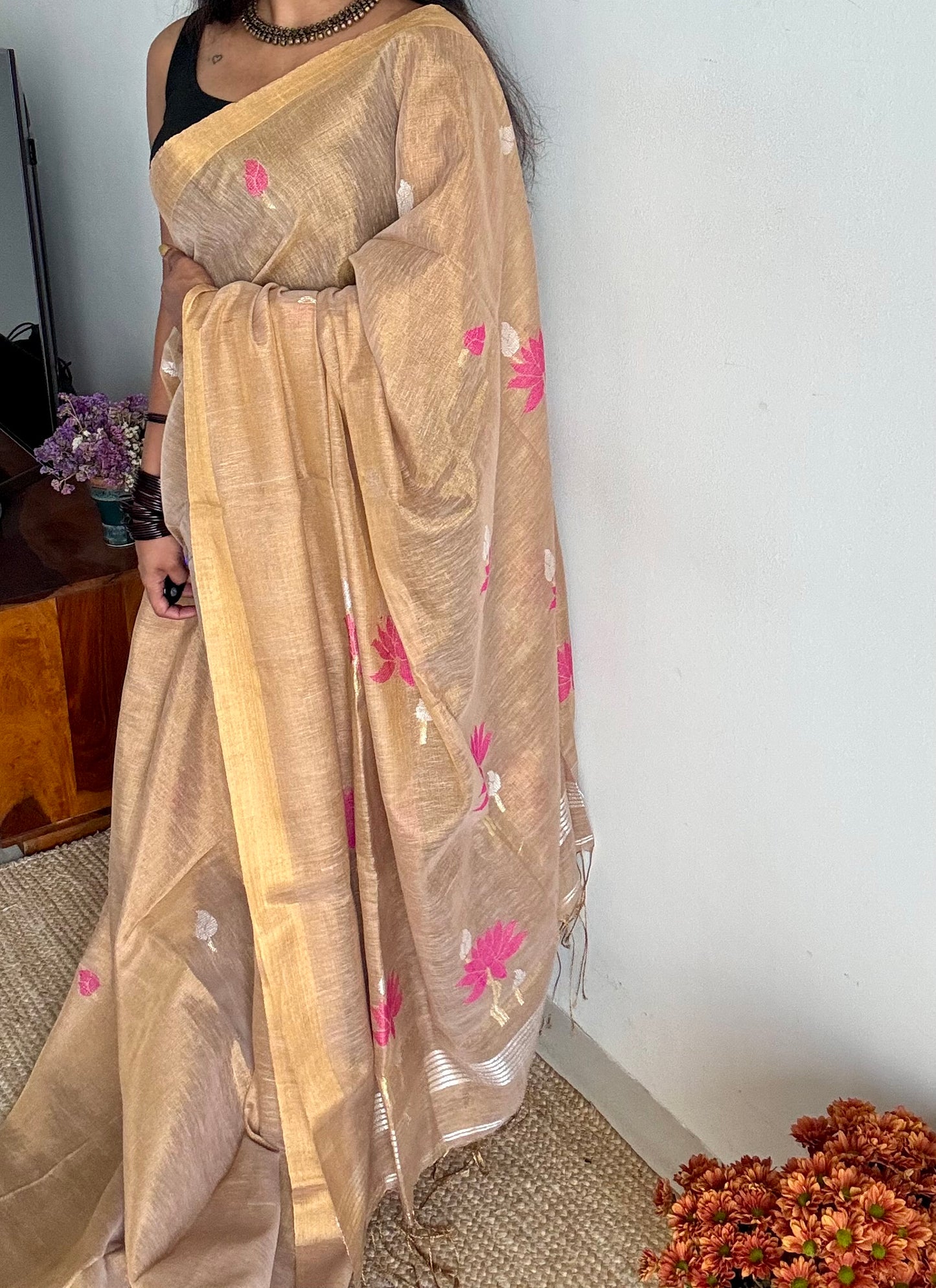 Handwoven ivory gold dual tone tissue linen saree with lotus motifs - YCBCLTFE400