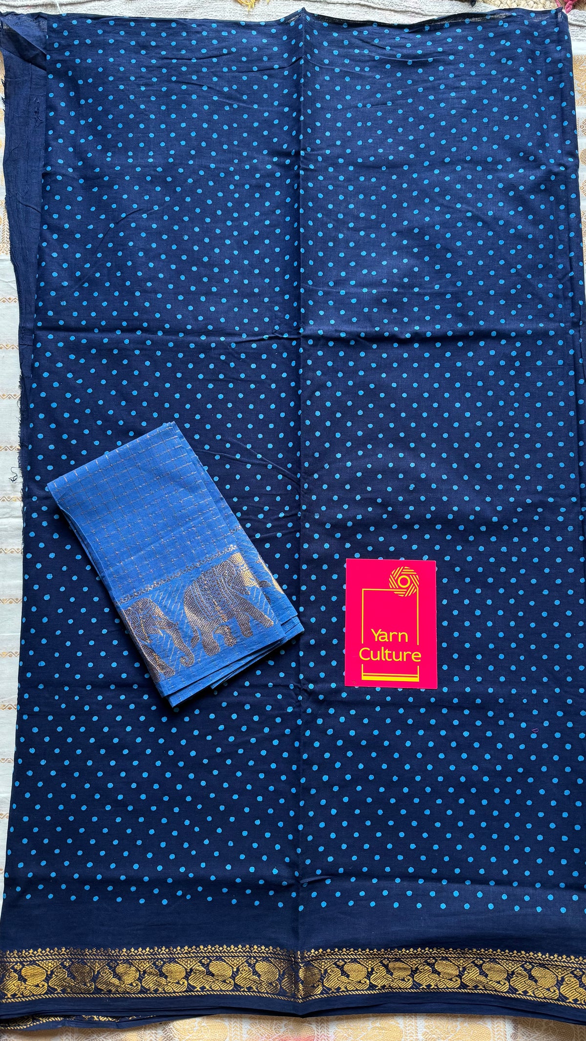Dark blue sungudi dotted, single-side border, kattuchayam dyed madurai cotton saree - YCCOTNMSSE08