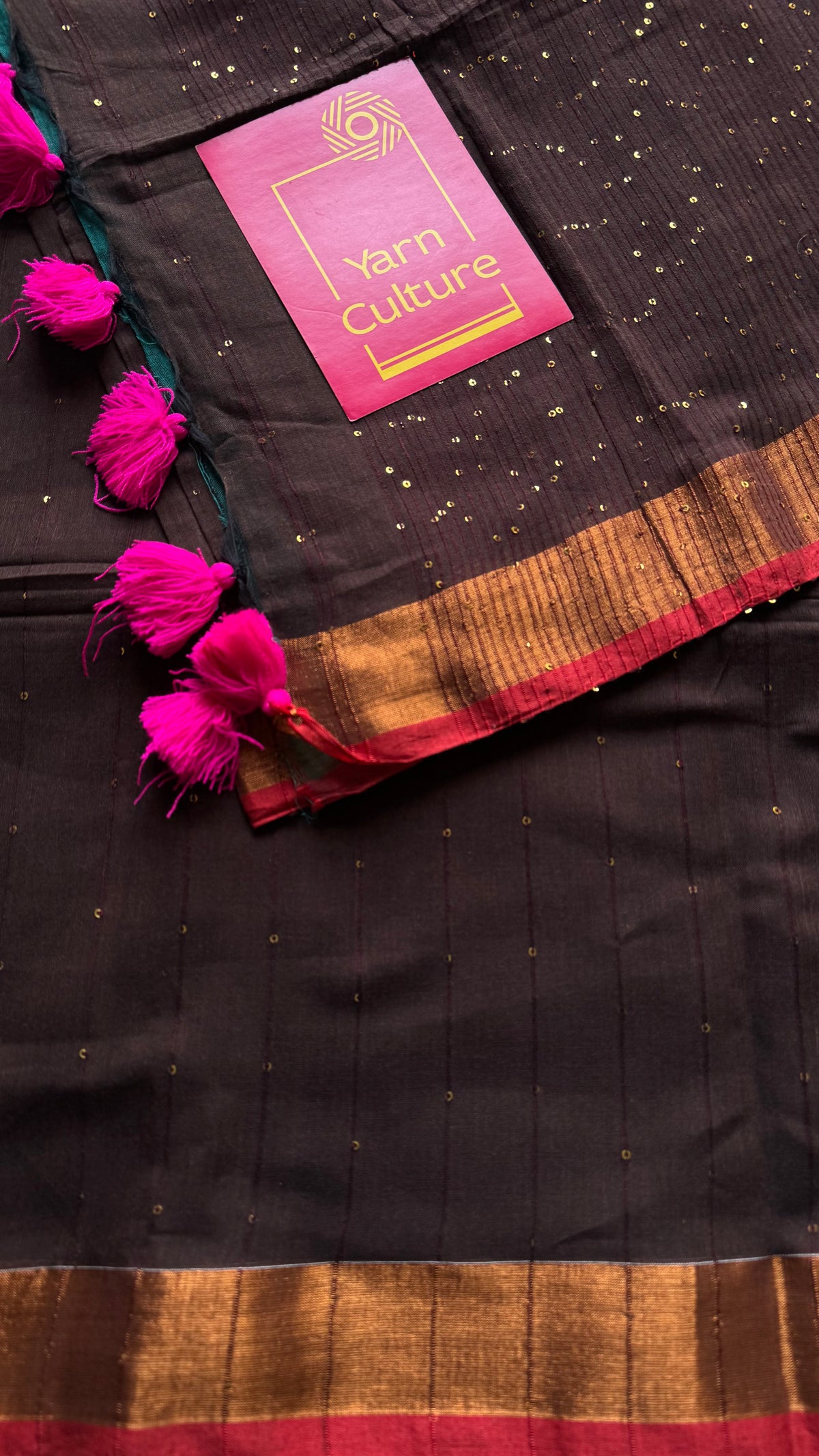 Brown mul cotton saree with sequins and zari border - YCBCMCSE33