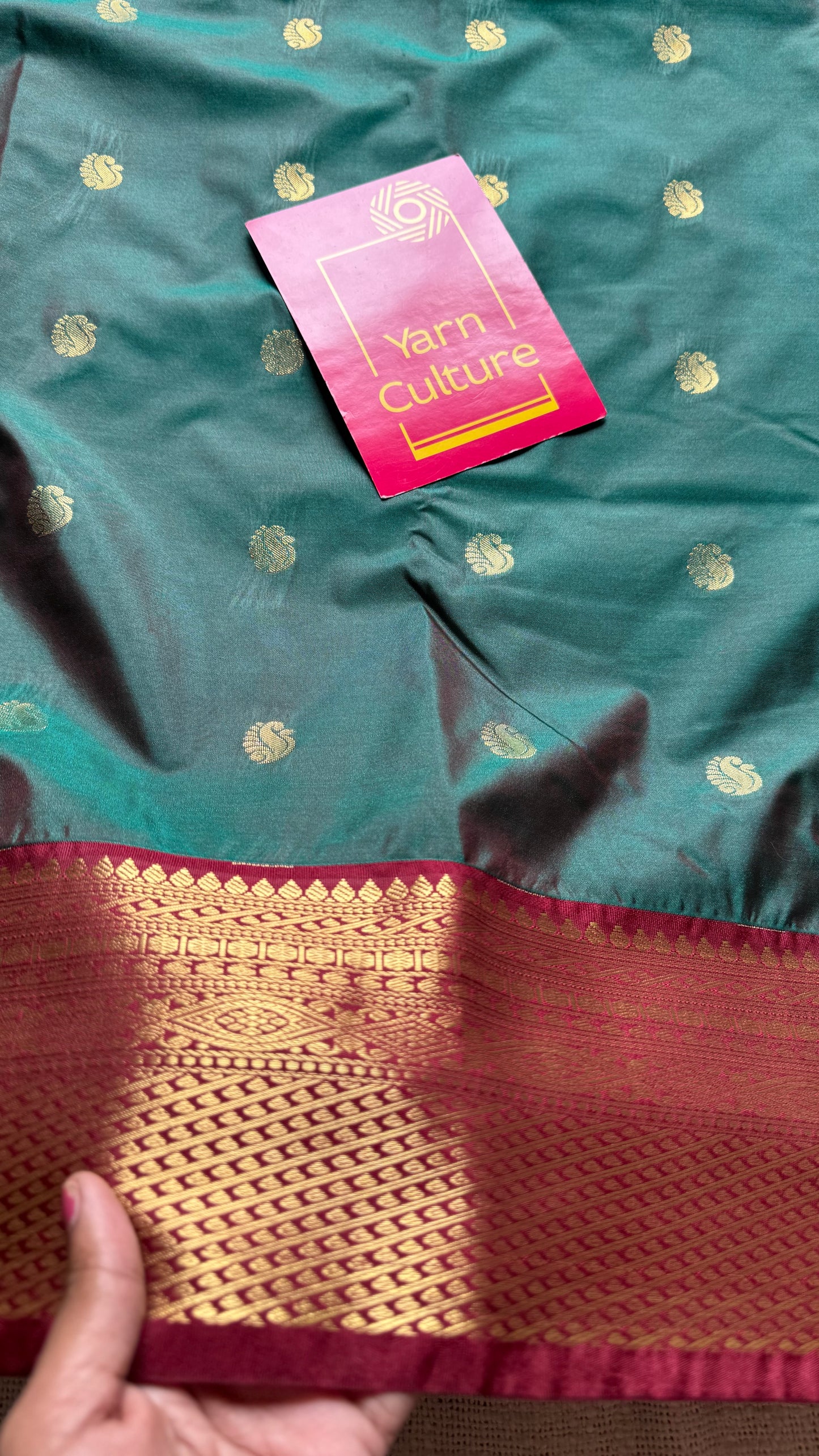 Harini - Emerald green with maroon, handloom korvai semi silk - YCCOTNFEJUKS07